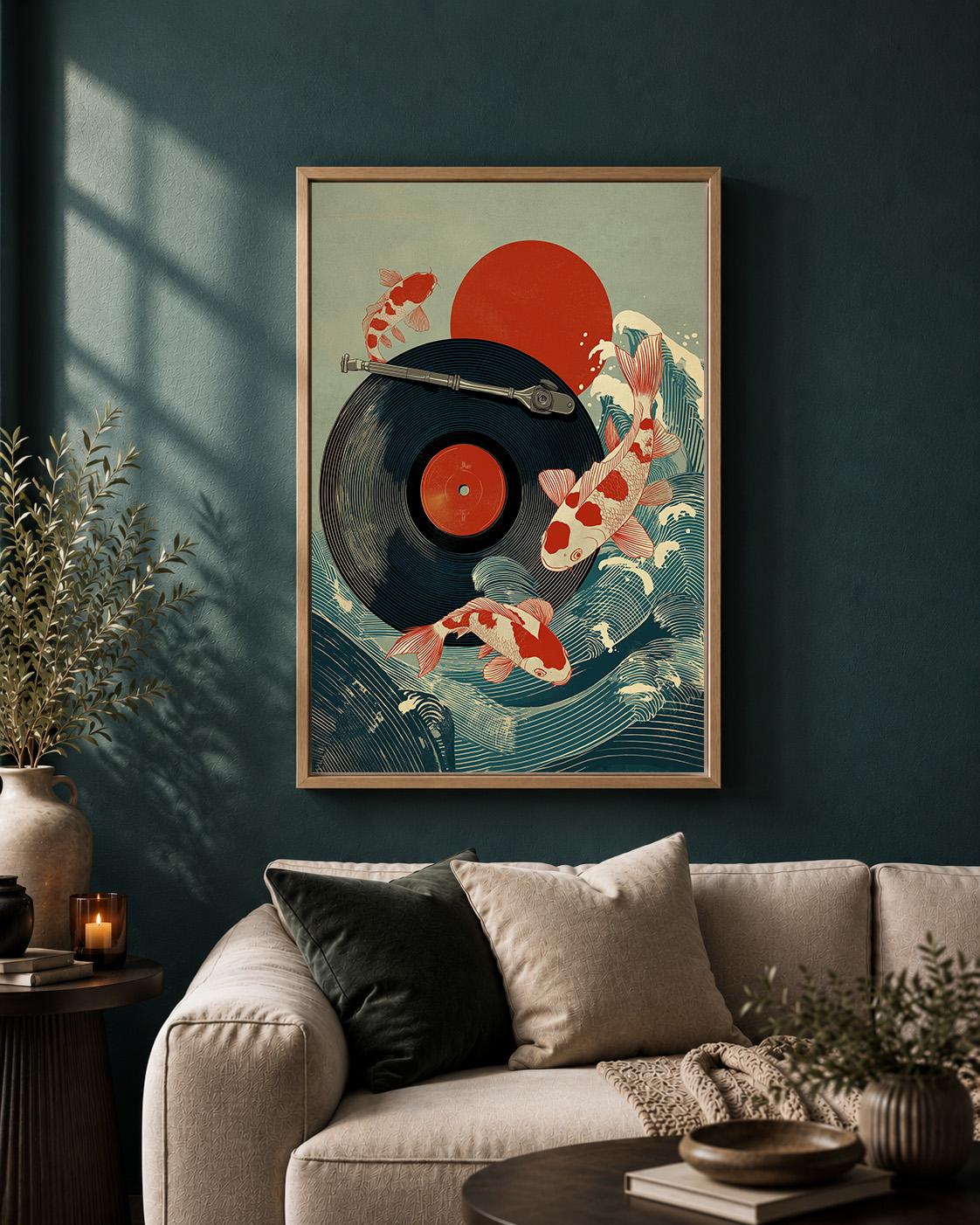 Koi Fish Japanese Music Vinyl Record Wave Framed Canvas by The Wall Art Studio - physical