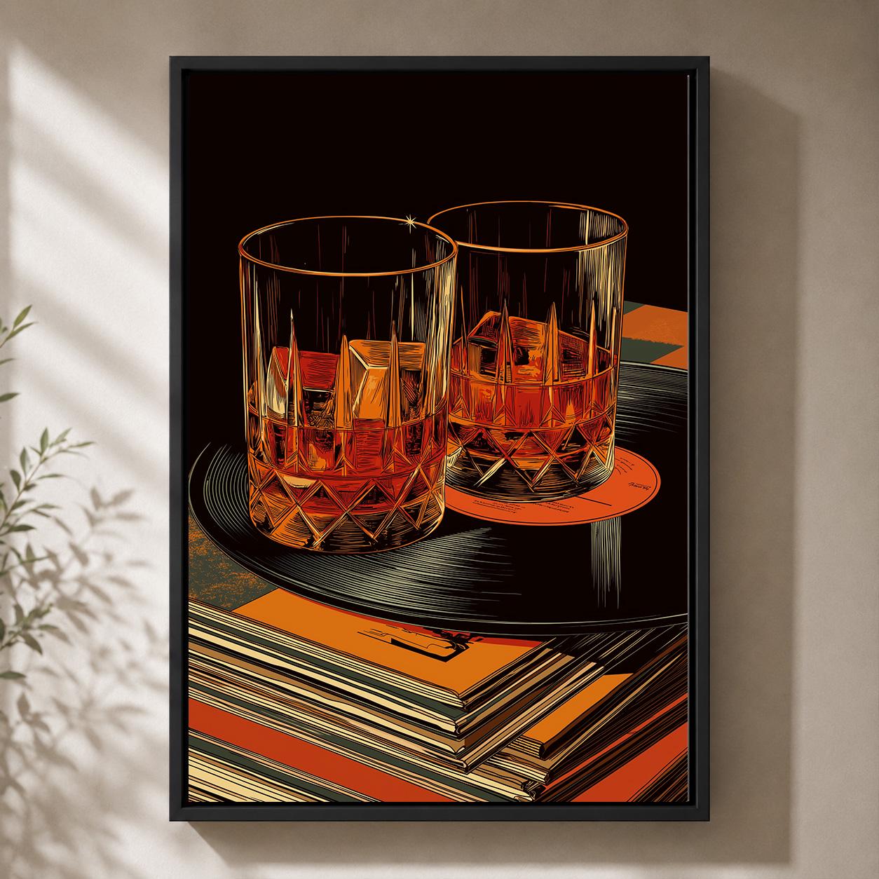 Whiskey Retro Bar Vinyl Record Old Fashioned Cocktail Framed Canvas by The Wall Art Studio - physical