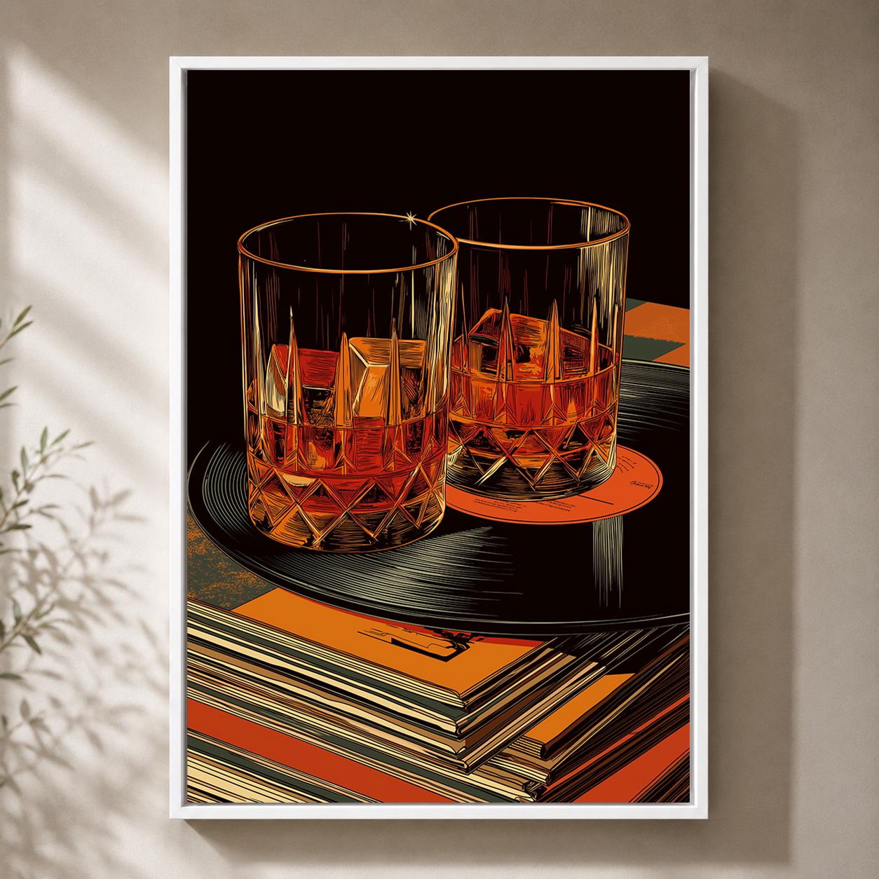 Whiskey Retro Bar Vinyl Record Old Fashioned Cocktail Framed Canvas by The Wall Art Studio - physical