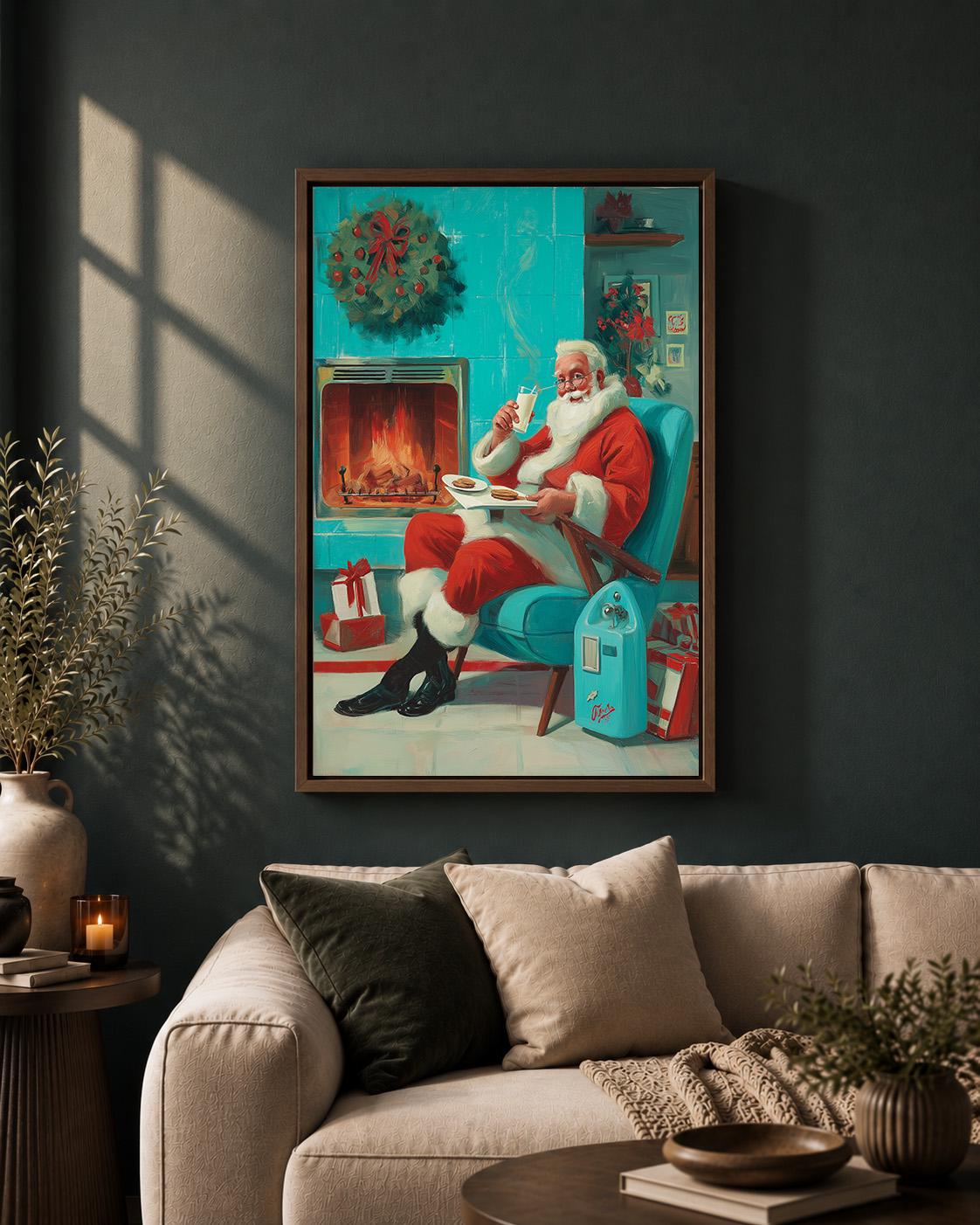 Retro Santa Vintage Christmas Santa Milk and Cookies Framed Canvas by The Wall Art Studio - physical