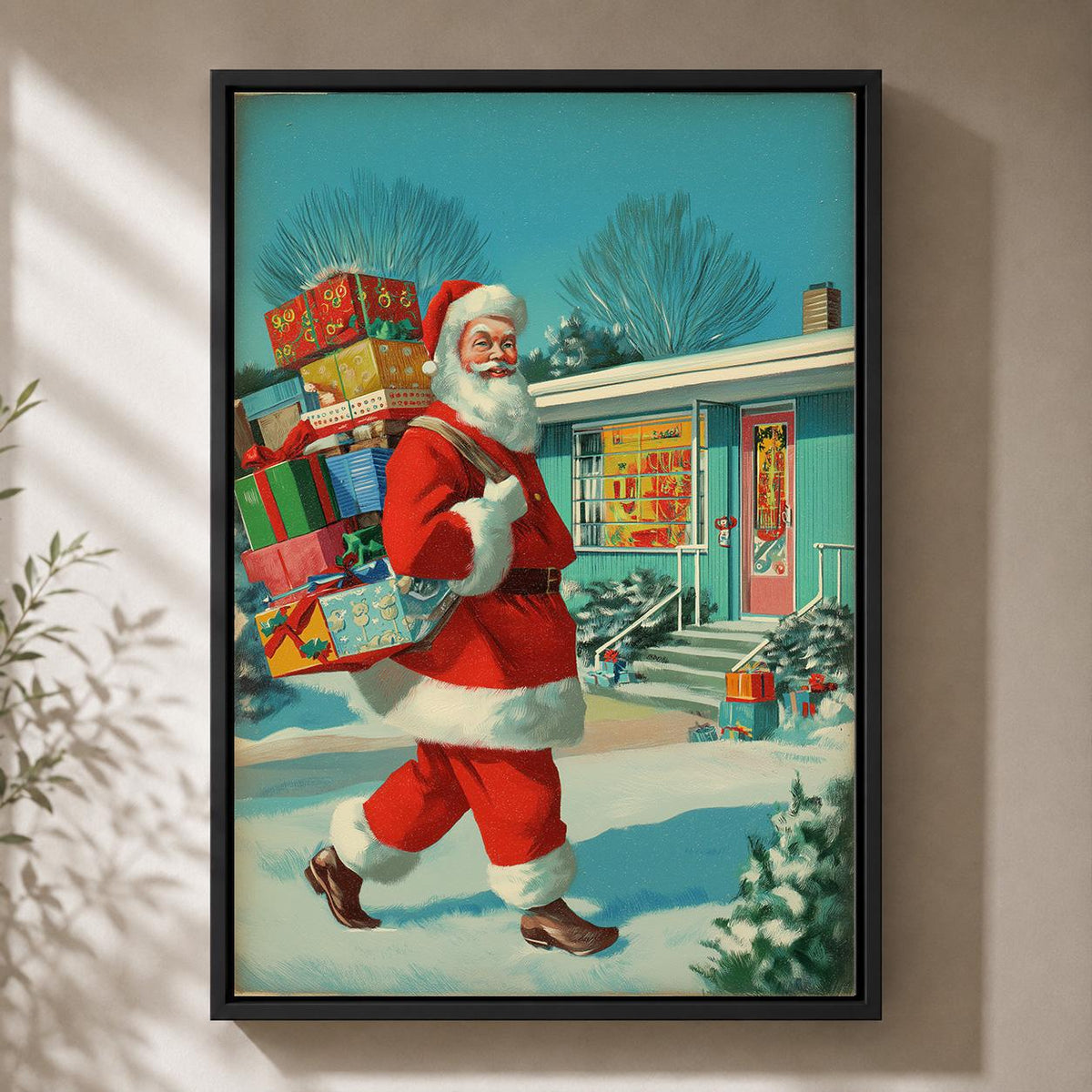 Retro Santa Vintage Christmas Mid Century Framed Canvas by The Wall Art Studio - physical