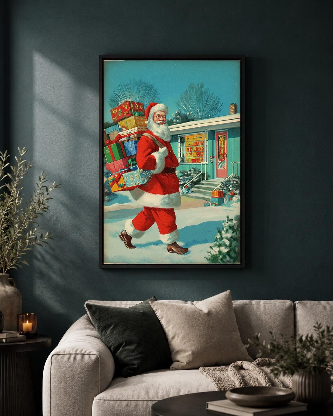 Retro Santa Vintage Christmas Mid Century Framed Canvas by The Wall Art Studio - physical