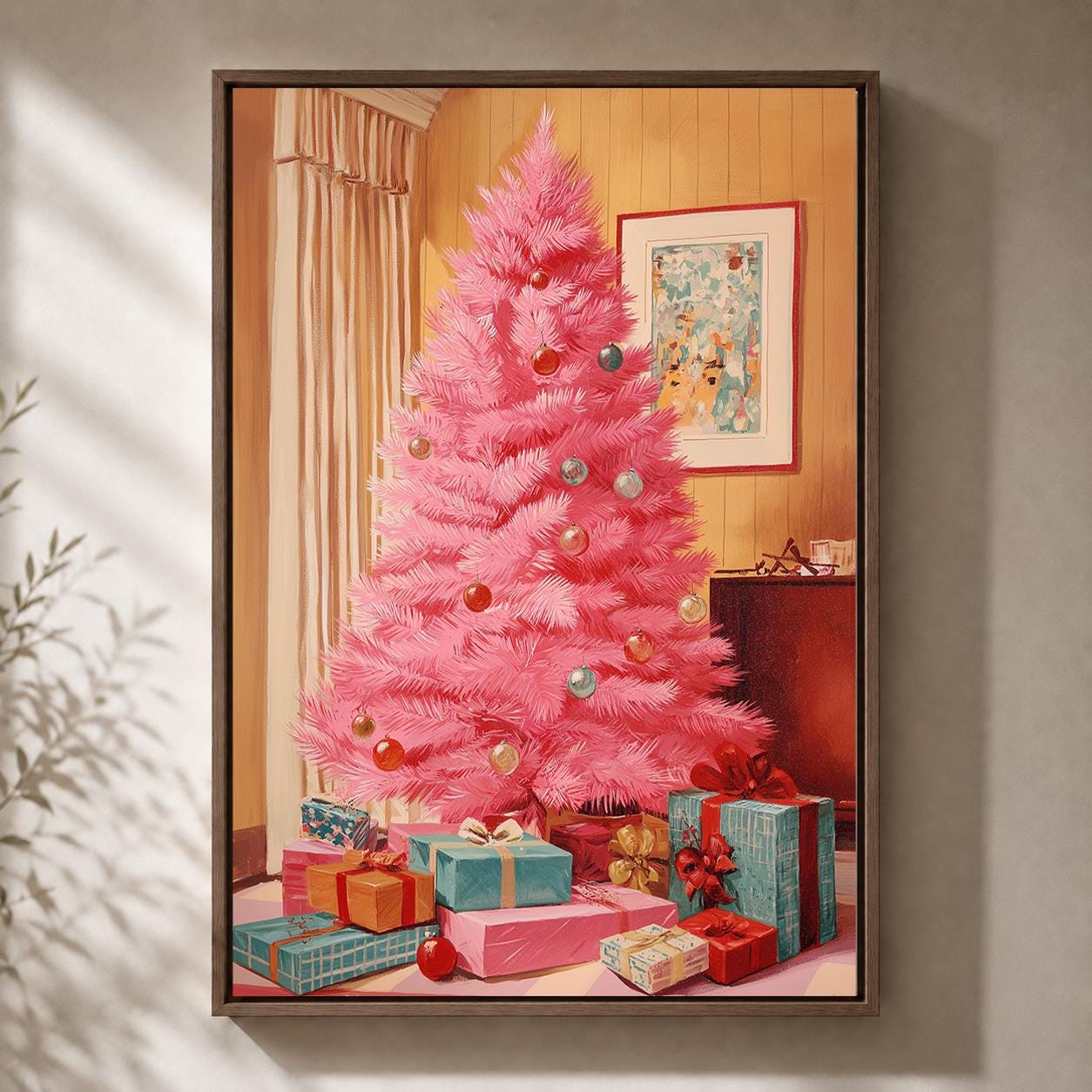 Pink Christmas Tree Mid-Century Festive Framed Canvas by The Wall Art Studio - physical