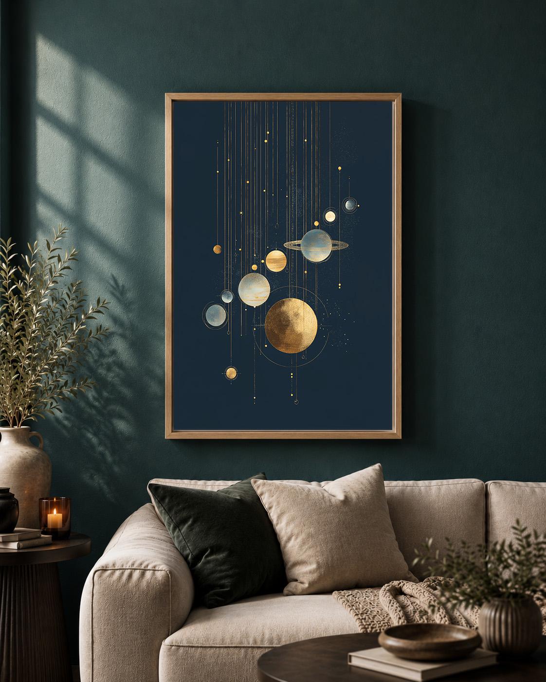 Celestial Gold Planet Modern Cosmic Space Framed Canvas by The Wall Art Studio - physical