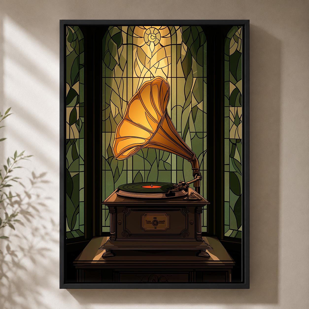 Gramophone Stained Glass Vintage Record Player Art Nouveau Framed Canvas by The Wall Art Studio - physical