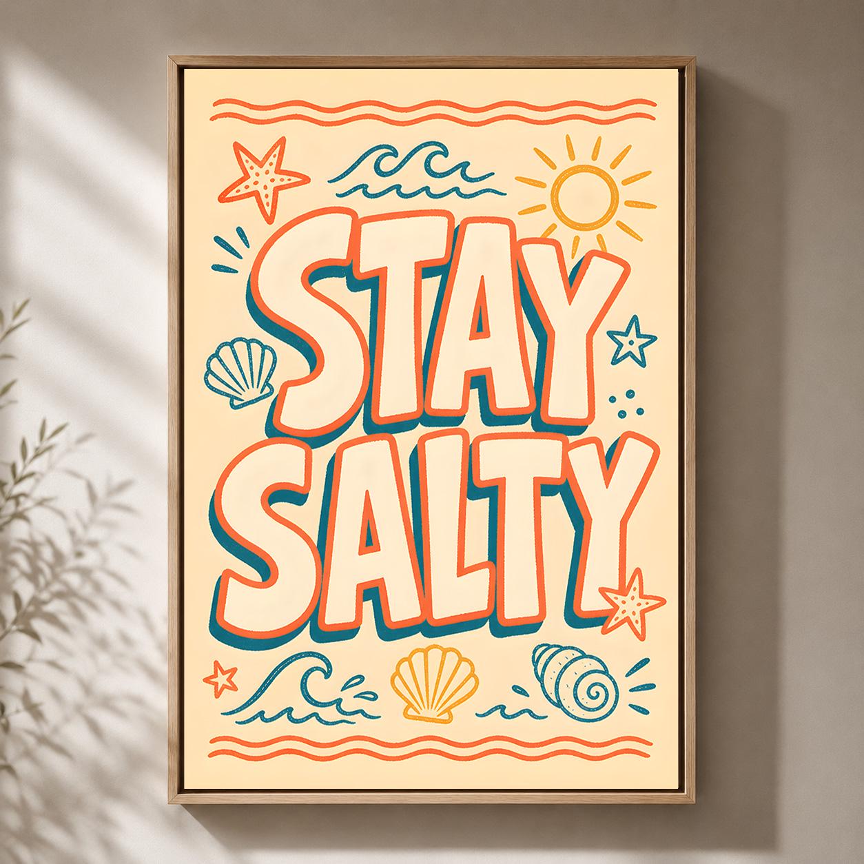 Stay Salty Retro Beach Quote Coastal Summer Seaside Framed Canvas by The Wall Art Studio - physical