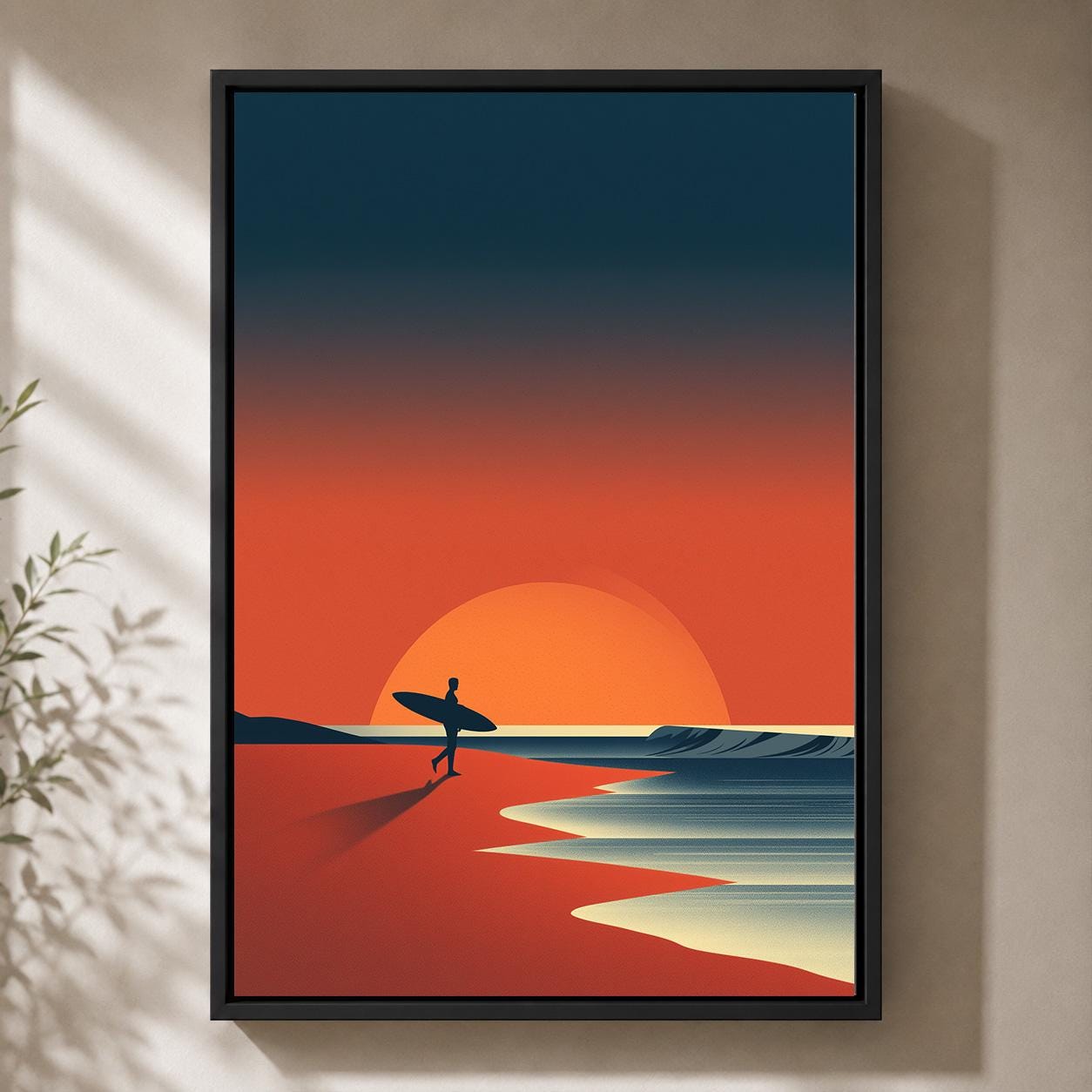 Surfing Sunset Beach Retro Surfer Coastal Ocean Framed Canvas by The Wall Art Studio - physical