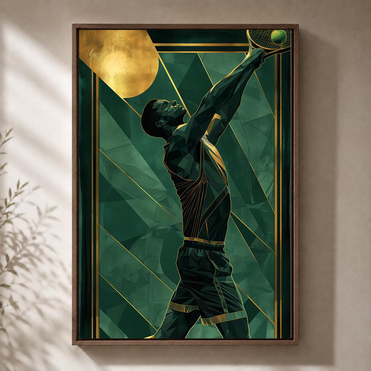 Art Deco Tennis Player Green & Gold Modern Racquet Framed Canvas by The Wall Art Studio - physical