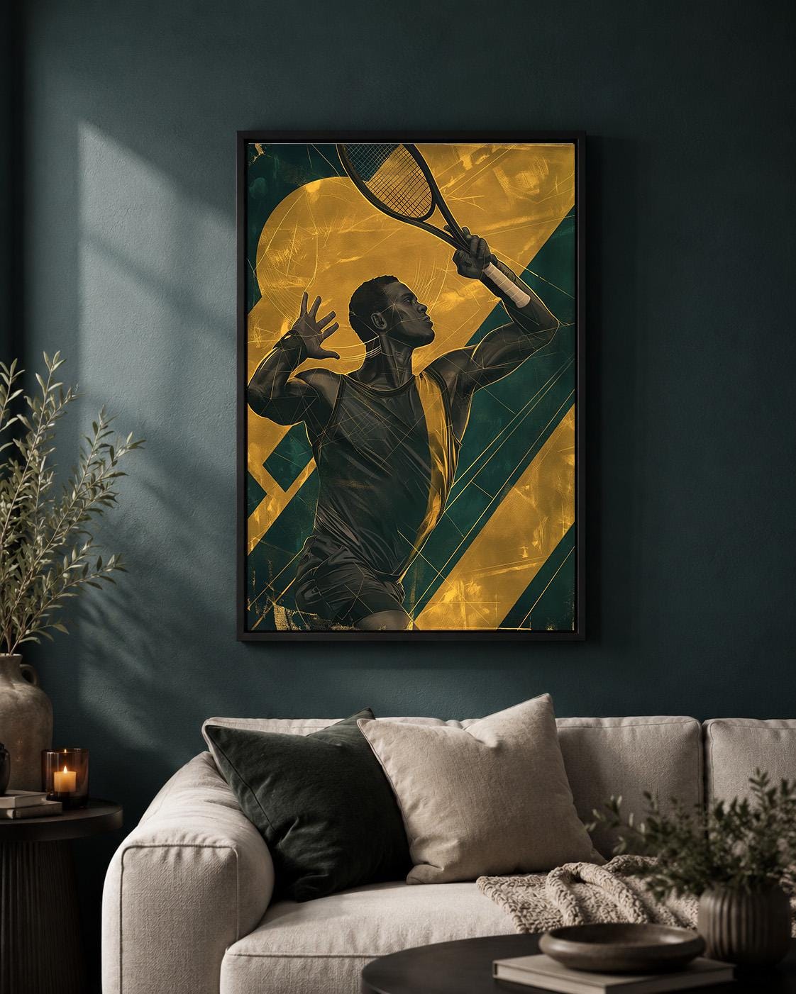 Green & Gold Tennis Player Sports Framed Canvas by The Wall Art Studio - physical