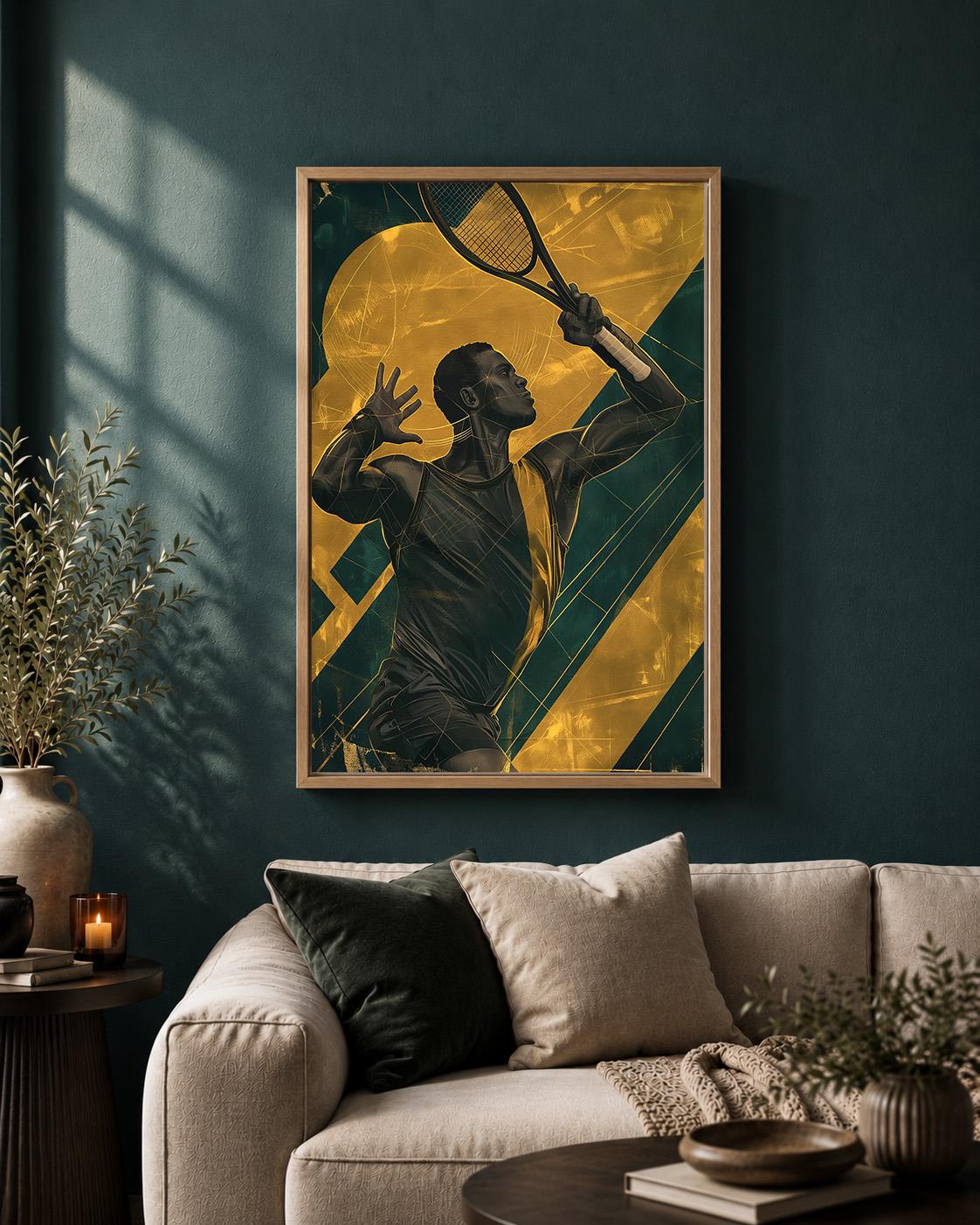 Green & Gold Tennis Player Sports Framed Canvas by The Wall Art Studio - physical