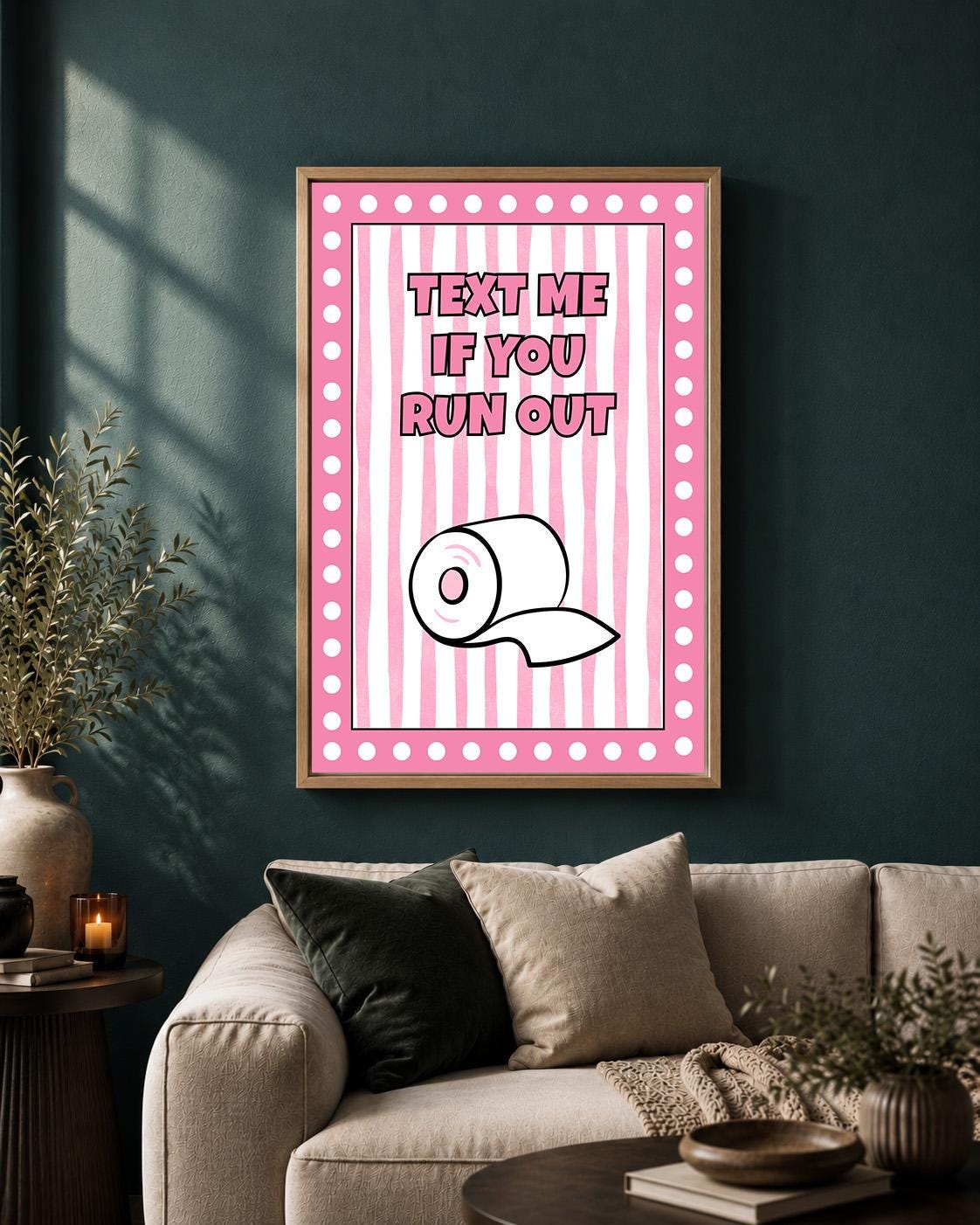 Pink Text Me If You Run Out Funny Bathroom Toilet Roll Framed Canvas by The Wall Art Studio - physical