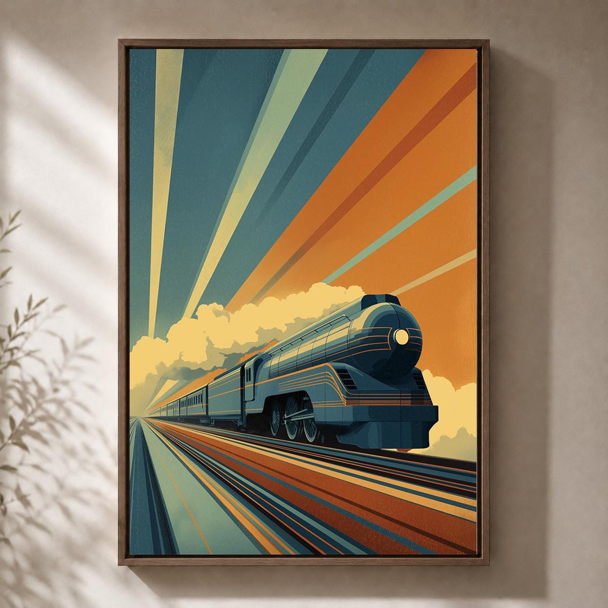 Art Deco Train Vintage Locomotive Retro Railway Framed Canvas by The Wall Art Studio - physical