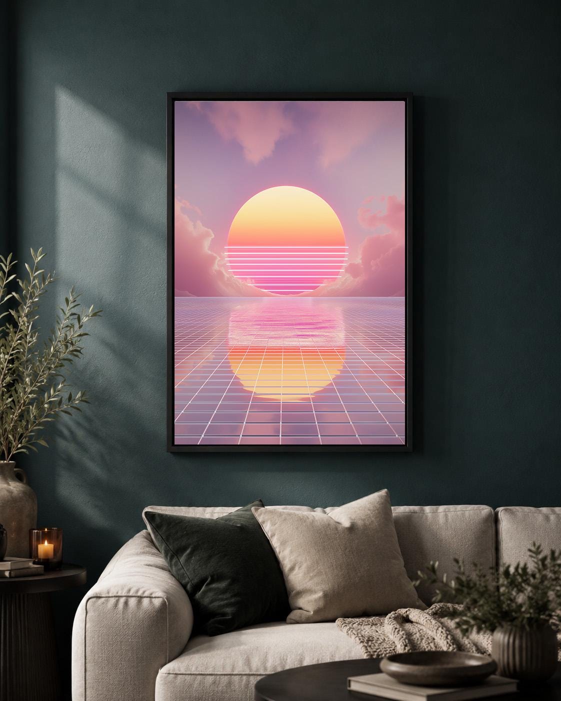 Vaporwave Sunset Retro Futuristic Pink Synthwave 80s Inspired Framed Canvas by The Wall Art Studio - physical