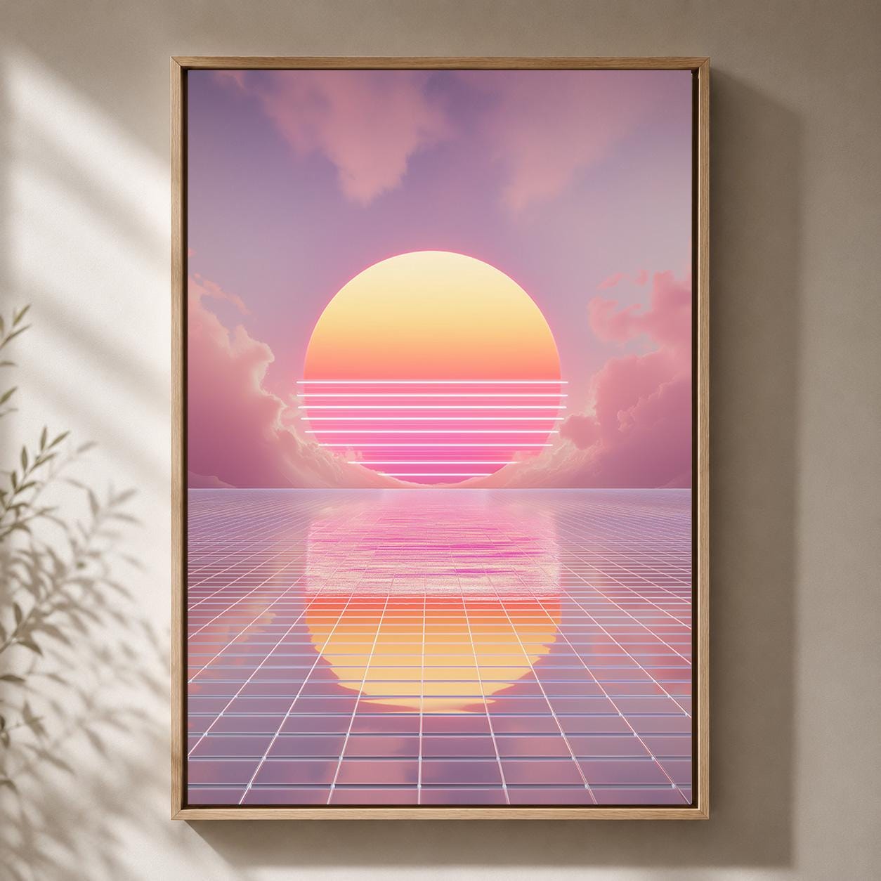 Vaporwave Sunset Retro Futuristic Pink Synthwave 80s Inspired Framed Canvas by The Wall Art Studio - physical