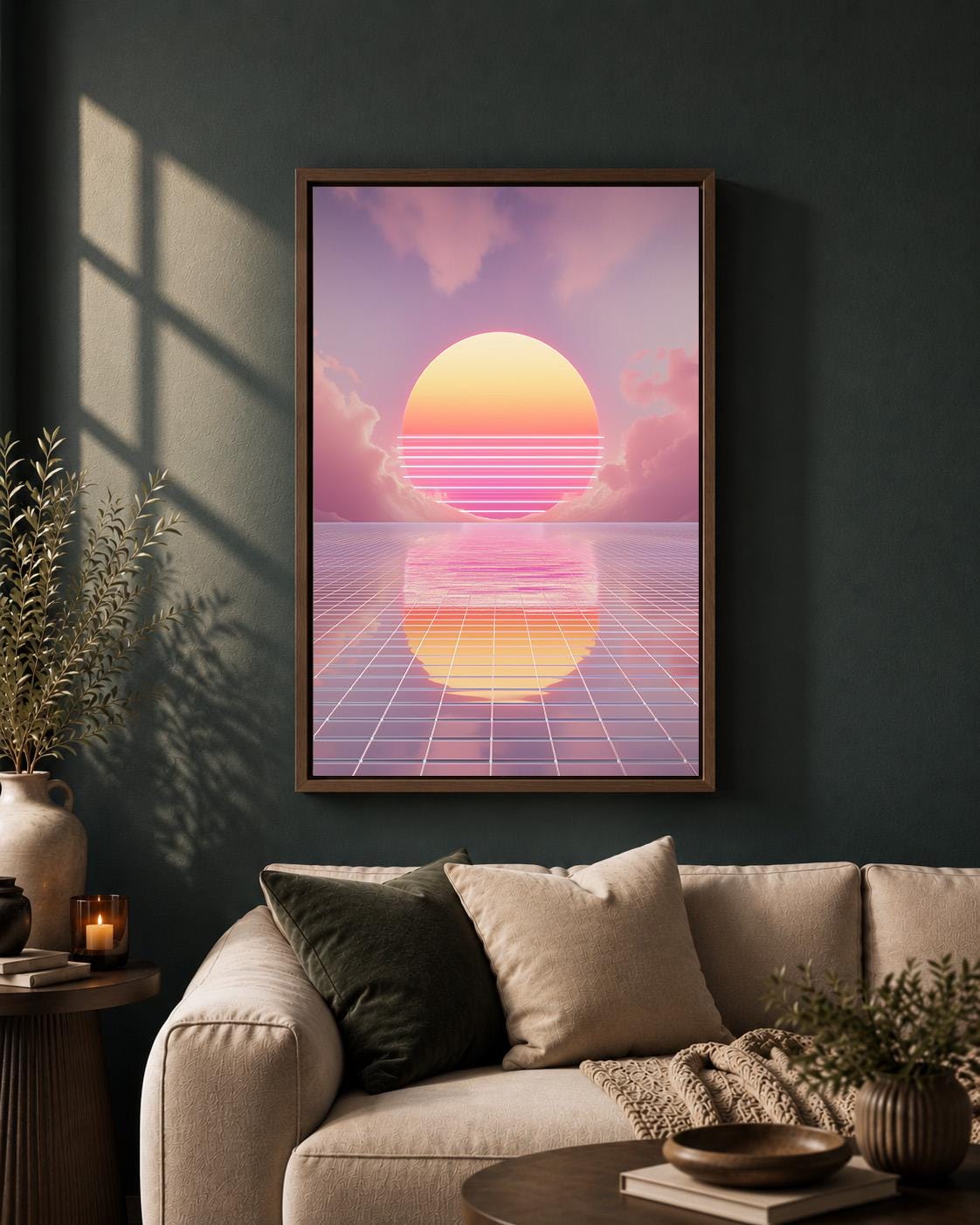 Vaporwave Sunset Retro Futuristic Pink Synthwave 80s Inspired Framed Canvas by The Wall Art Studio - physical