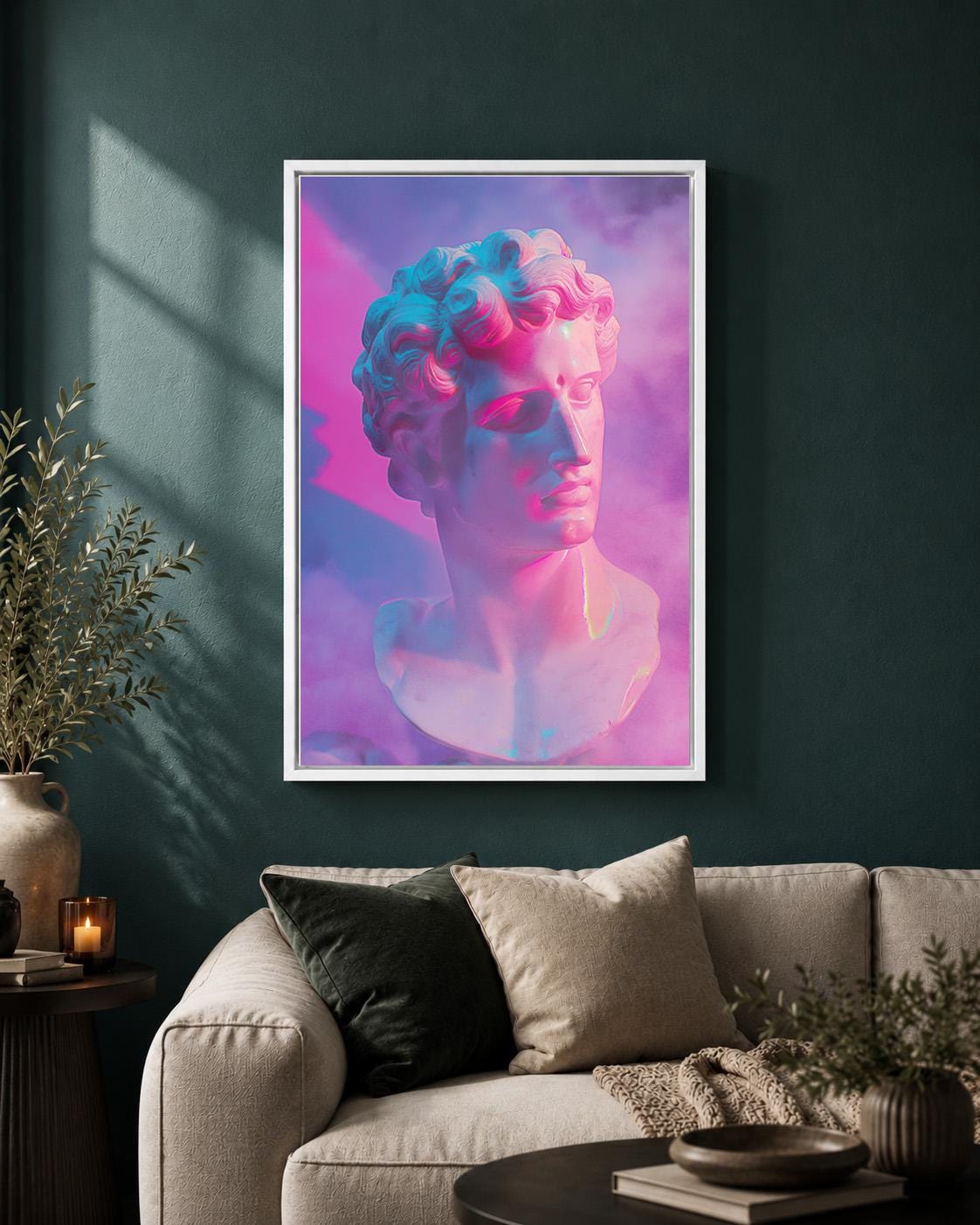 Vaporwave Greek Bust Pink & Blue Neon Sculpture Retro Synthwave Framed Canvas by The Wall Art Studio - physical