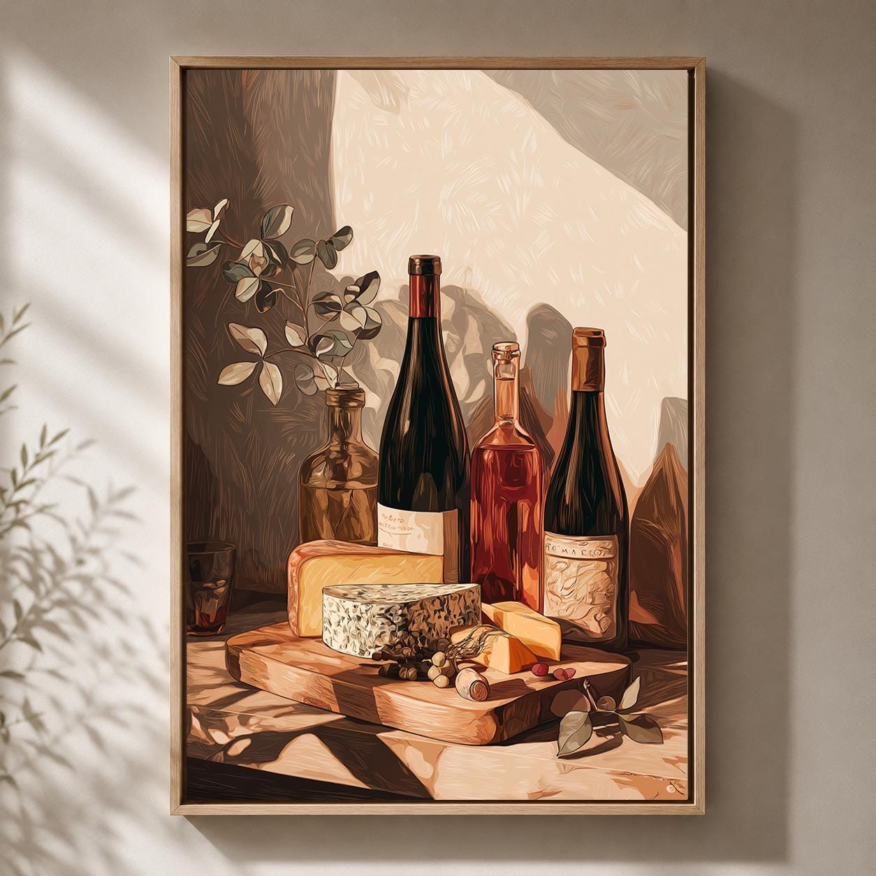 Wine and Cheese Rustic Kitchen Wine Bottle Still Life Charcuterie Framed Canvas by The Wall Art Studio - physical
