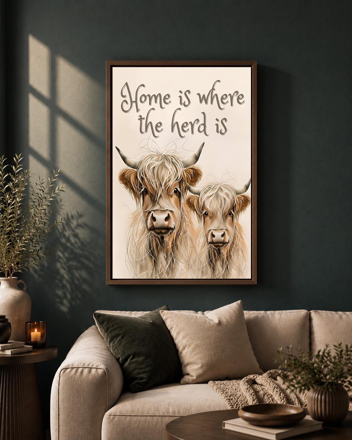 Highland Cow "Home Is Where the Herd Is" Scottish Highland Cattle Wall Art by The Wall Art Studio - physical