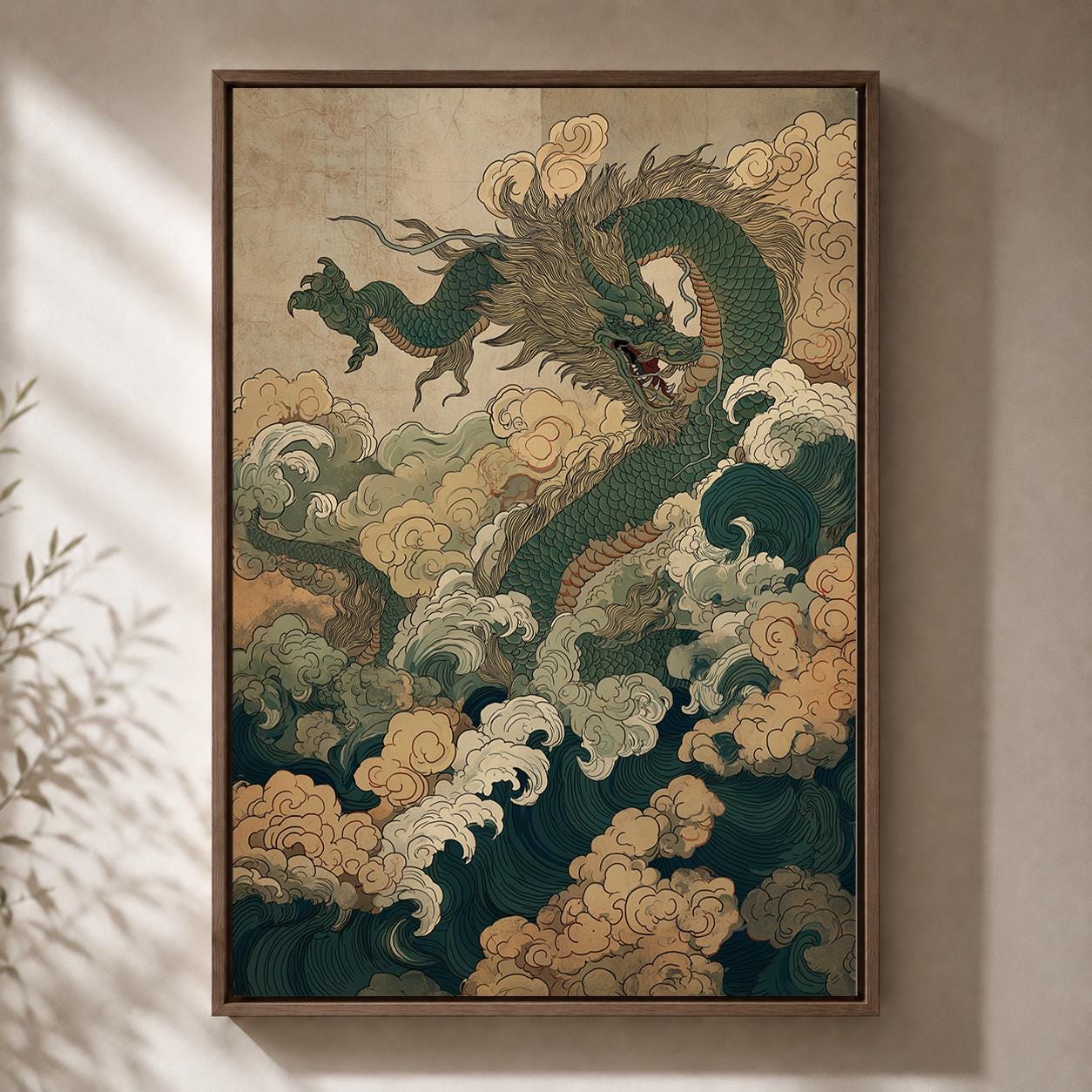 Chinese Dragon and Waves Asian Mythical Oriental Framed Canvas by The Wall Art Studio - physical