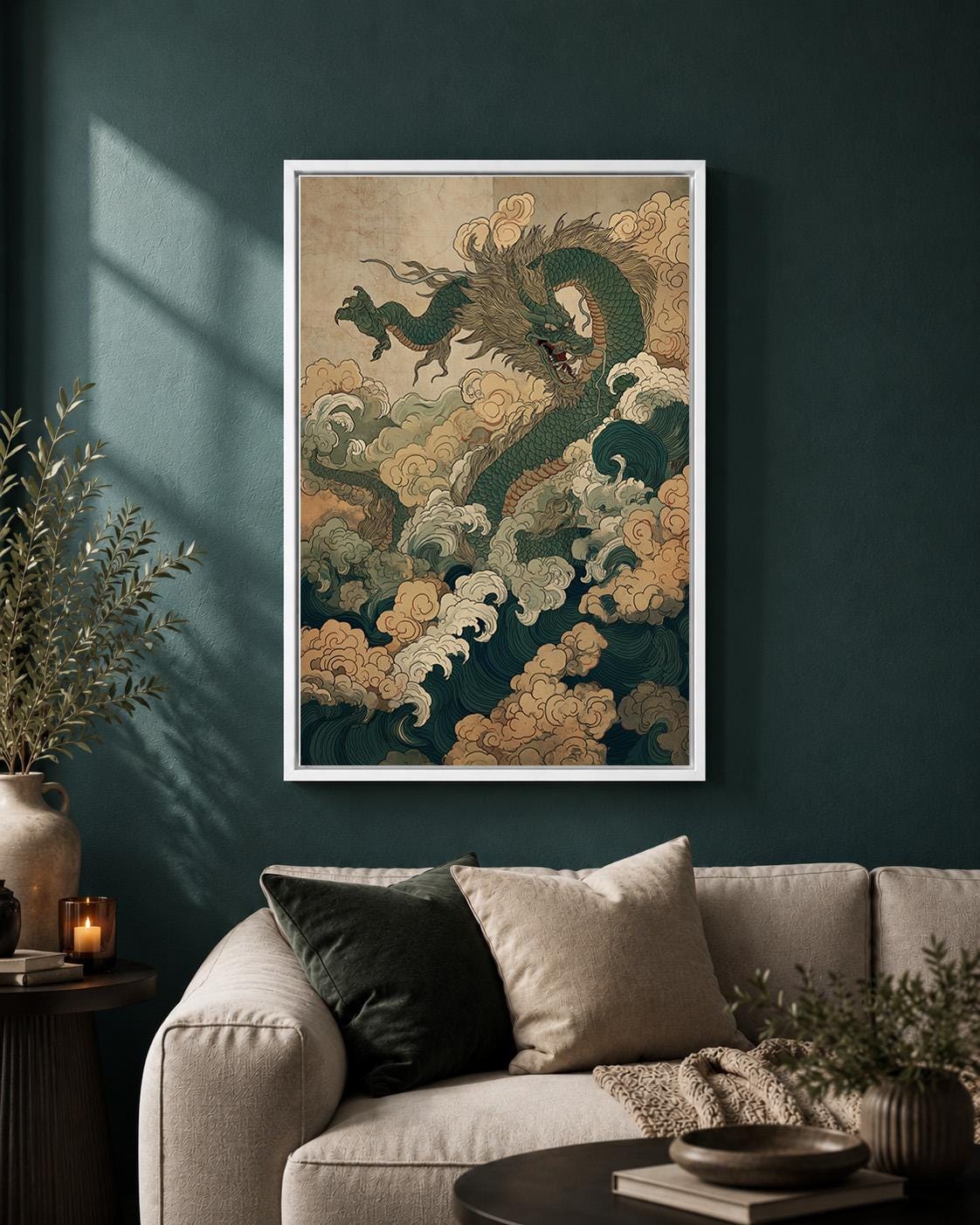 Chinese Dragon and Waves Asian Mythical Oriental Framed Canvas by The Wall Art Studio - physical