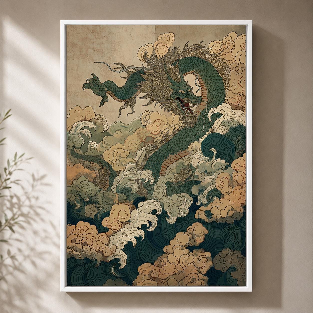 Chinese Dragon and Waves Asian Mythical Oriental Framed Canvas by The Wall Art Studio - physical