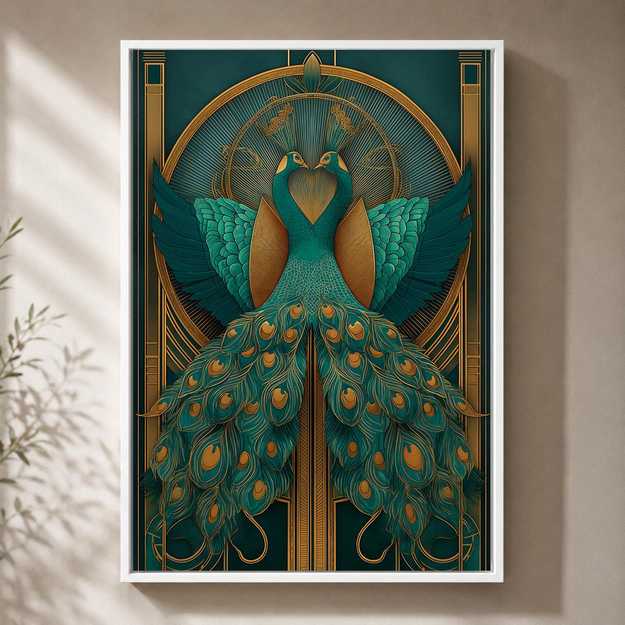 Art Deco Peacock Emerald Green & Gold Gatsby Inspired Framed Canvas by The Wall Art Studio - physical