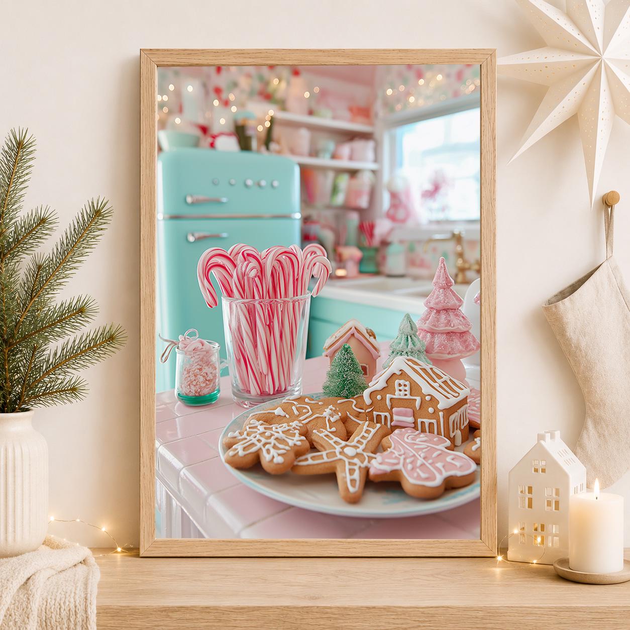 Retro Christmas Kitchen Pink Gingerbread Cookies Candy Cane Wall Art by The Wall Art Studio - physical