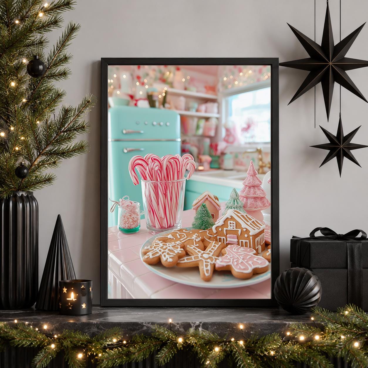 Retro Christmas Kitchen Pink Gingerbread Cookies Candy Cane Wall Art by The Wall Art Studio - physical