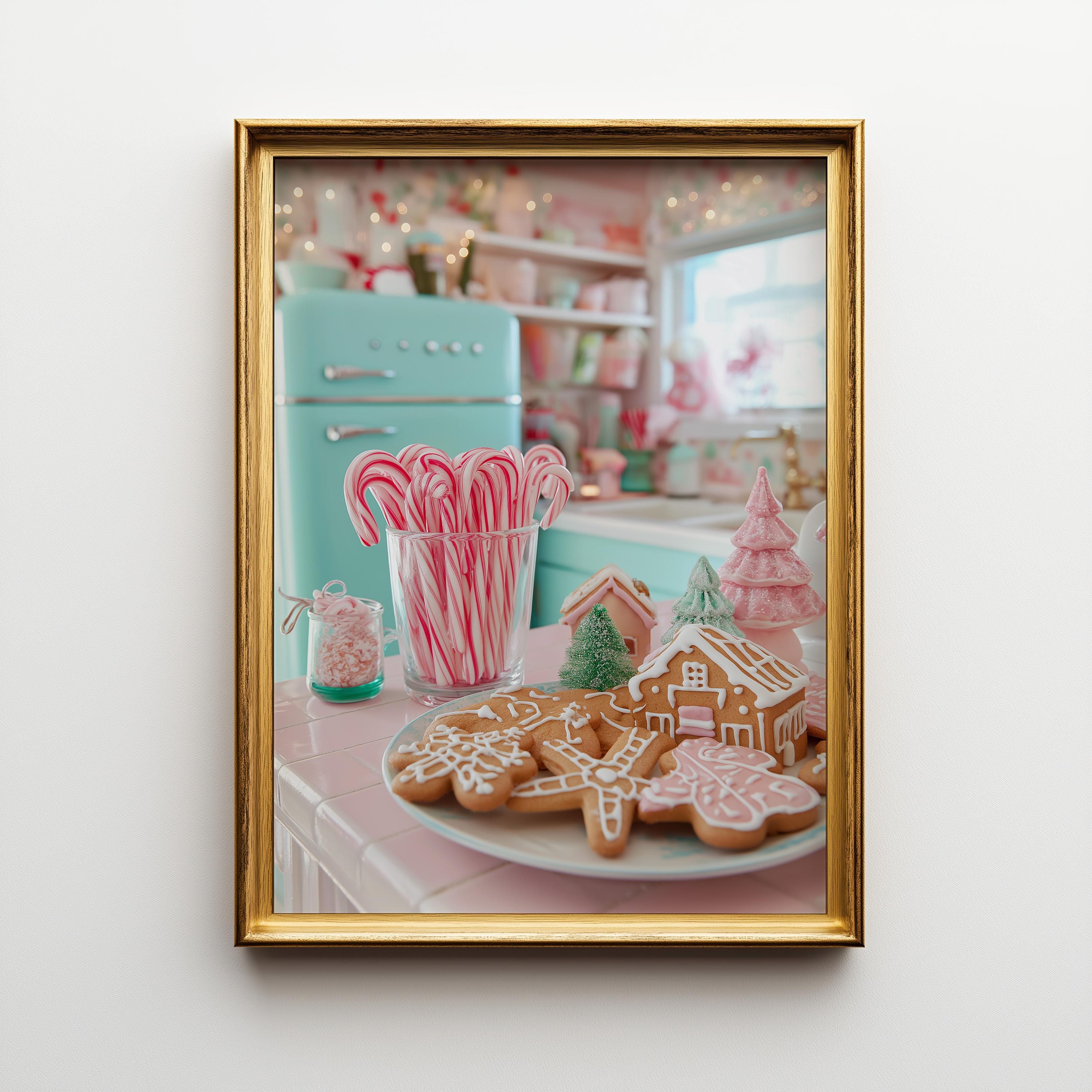 Retro Christmas Kitchen Pink Gingerbread Cookies Candy Cane Wall Art by The Wall Art Studio - physical
