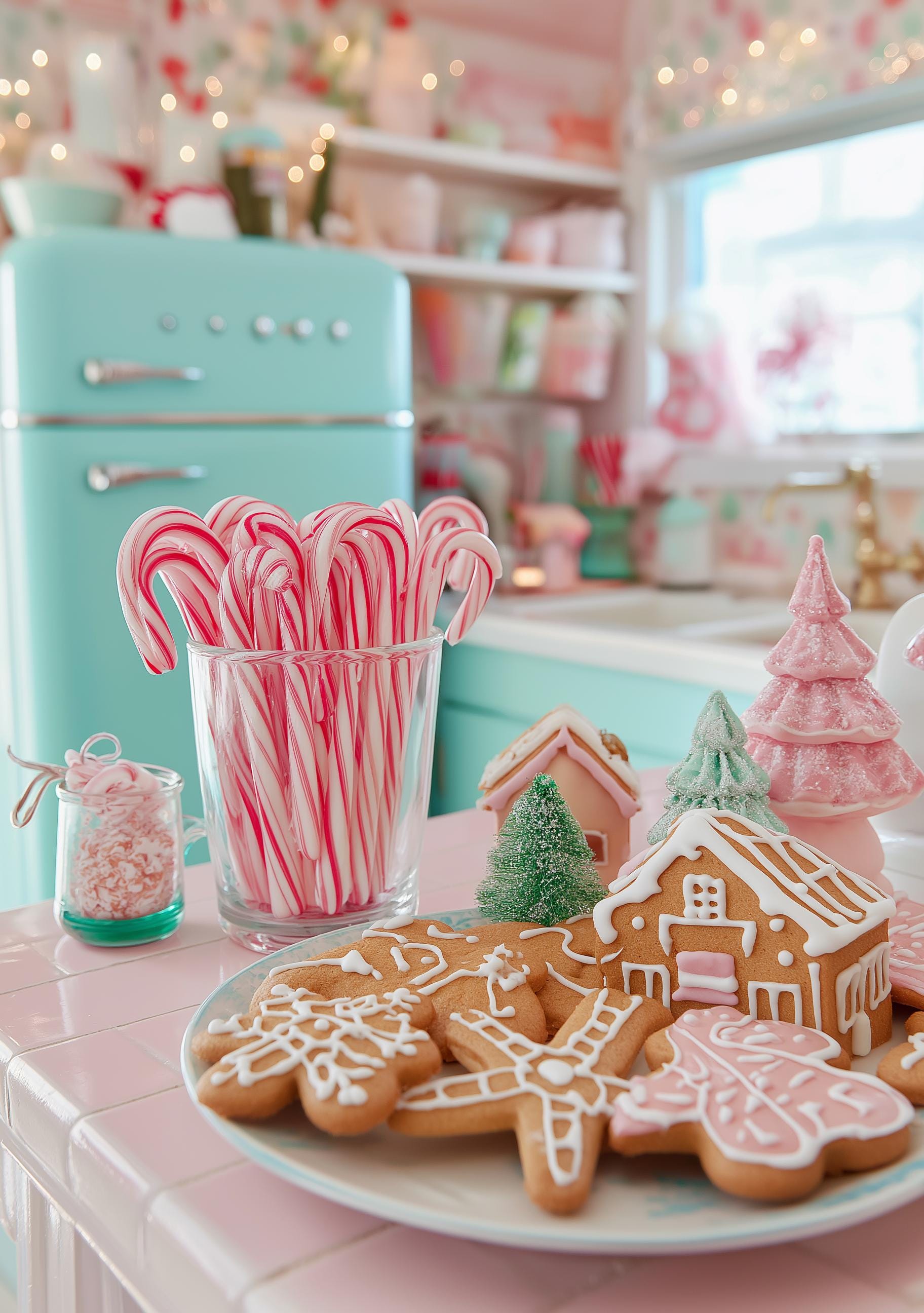 Retro Christmas Kitchen Pink Gingerbread Cookies Candy Cane Wall Art by The Wall Art Studio - physical