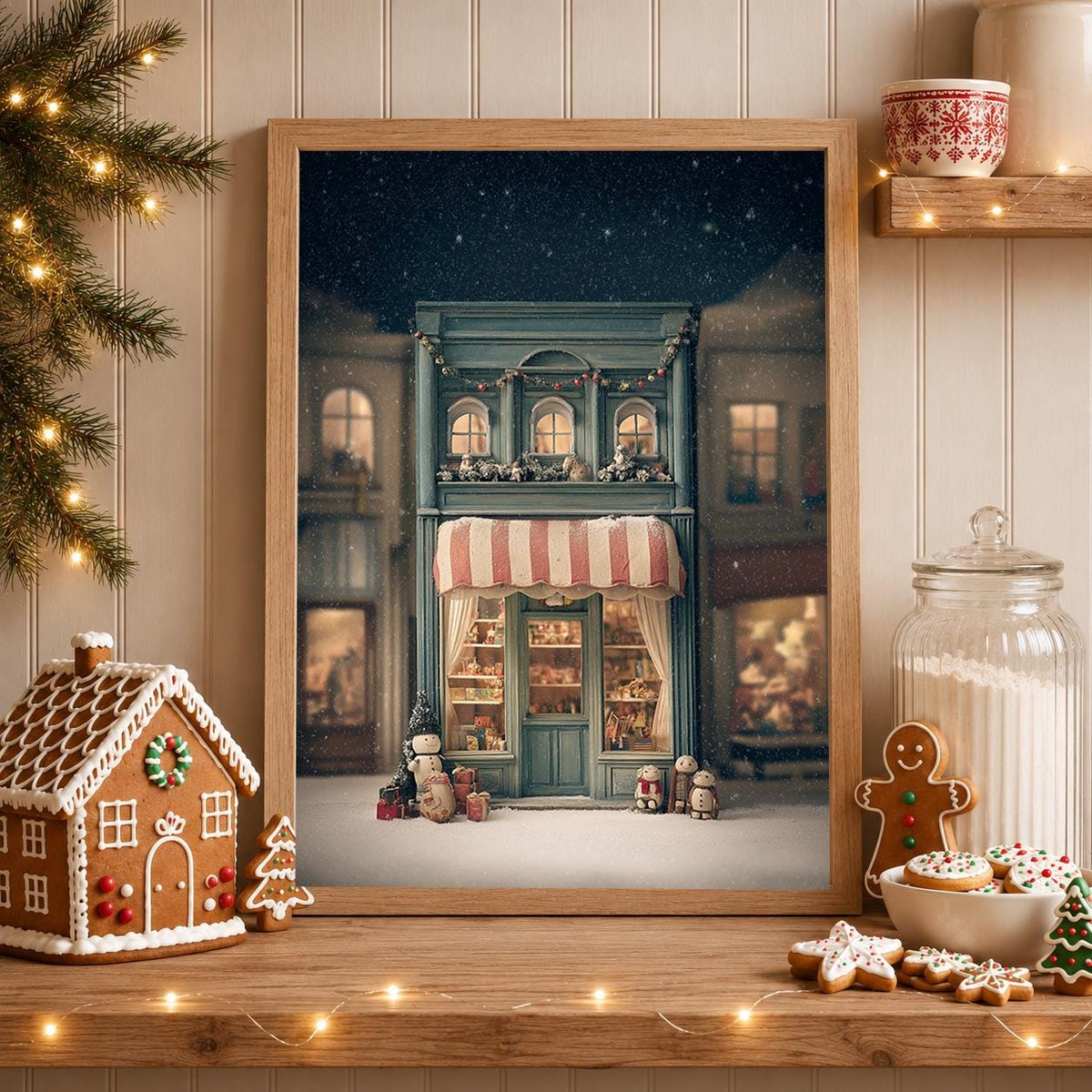 Vintage Christmas Snowy Holiday Storefront Nostalgic Wall Art by The Wall Art Studio - physical