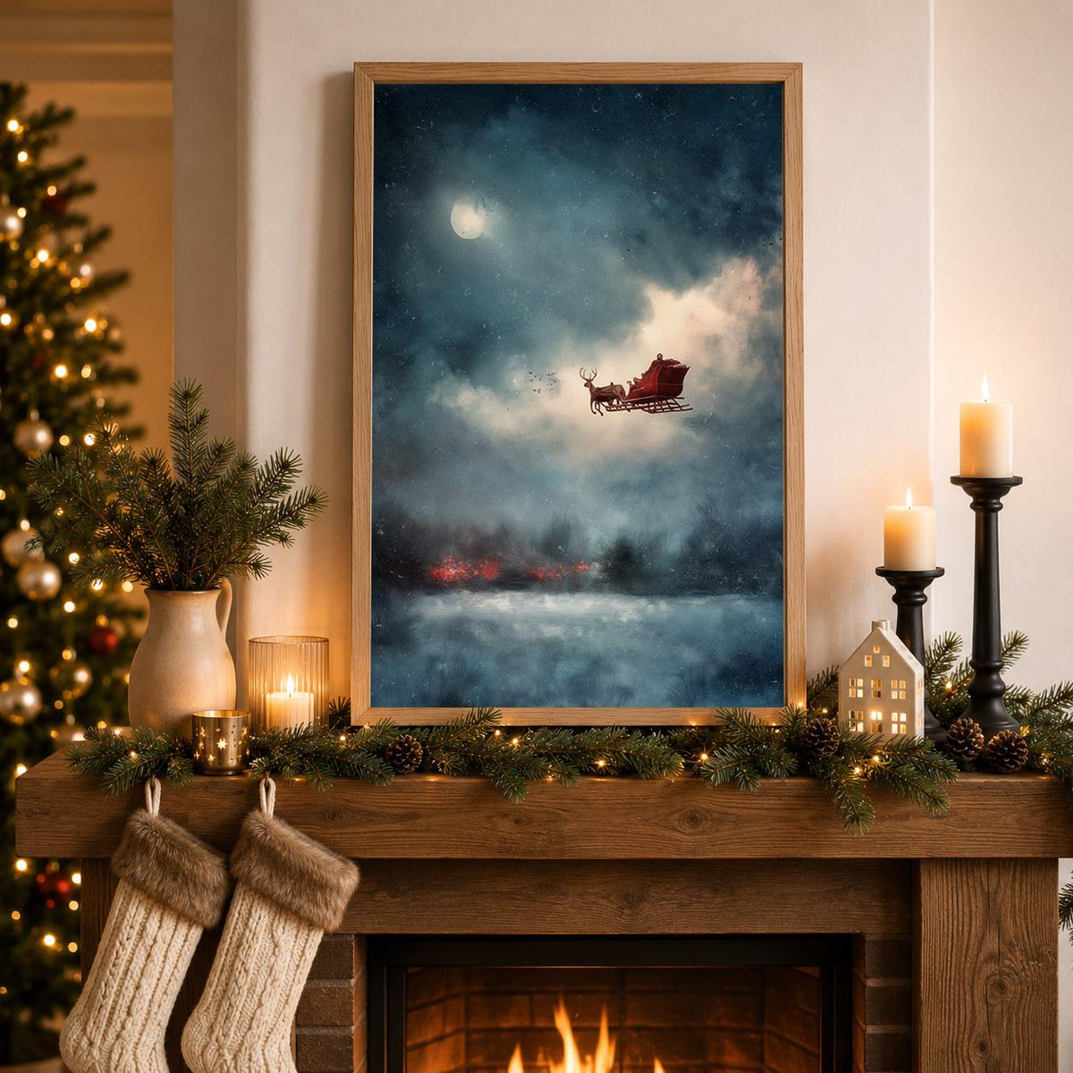 Vintage Santa Sleigh Christmas Reindeer in Moonlit Sky Wall Art by The Wall Art Studio - physical
