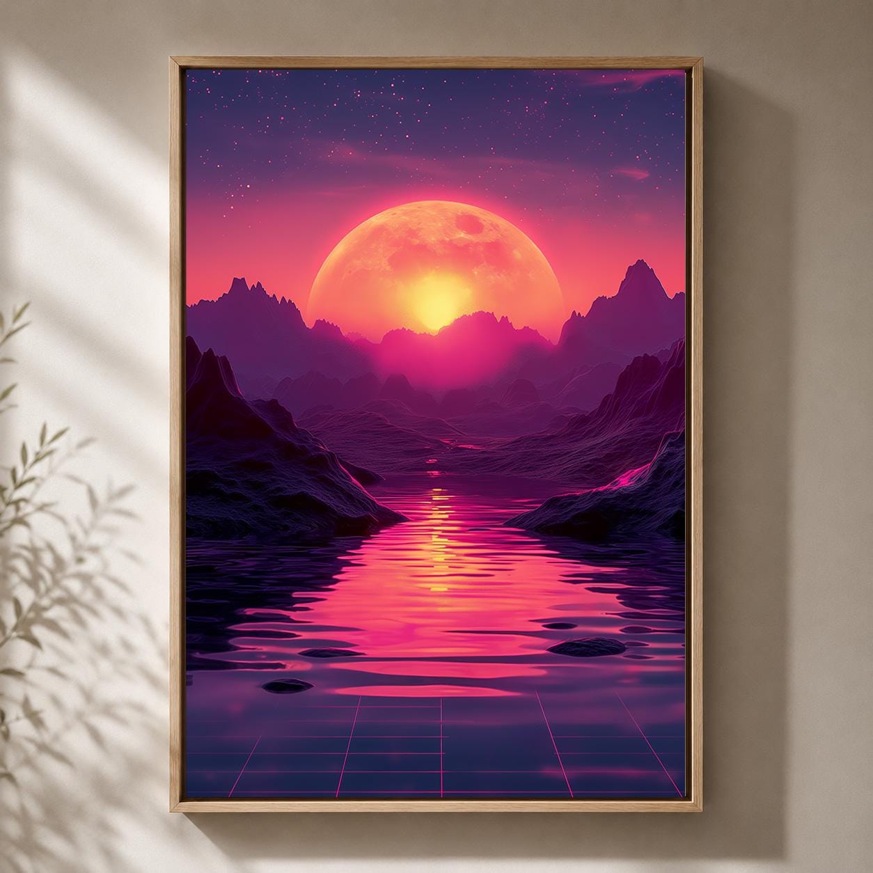 Vaporwave Retro Futuristic Sunset Neon Moon Landscape Framed Canvas by The Wall Art Studio - physical