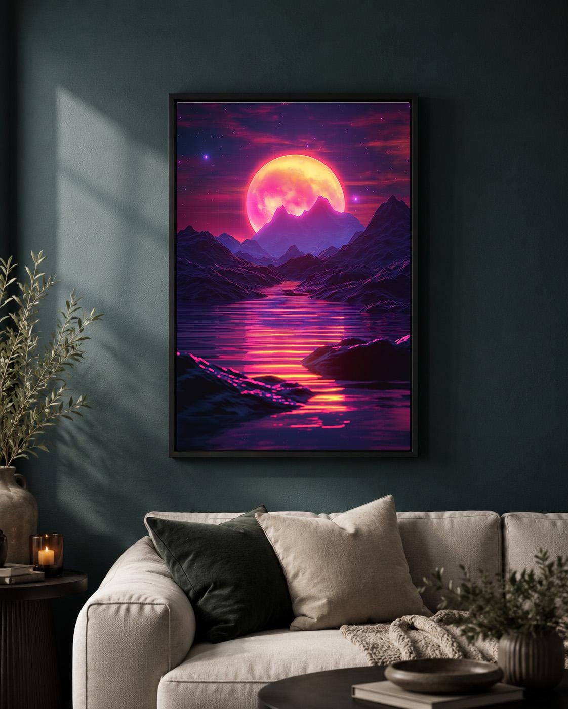 Vaporwave Retro Futuristic Sunset Neon Moon Landscape Framed Canvas by The Wall Art Studio - physical