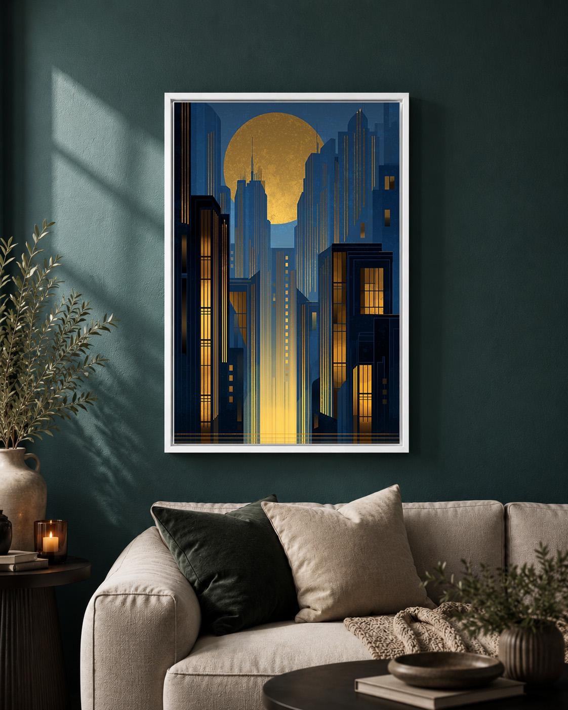Art Deco City Gold Moon Blue Geometric Skyline 1920s Inspired Framed Canvas by The Wall Art Studio - physical