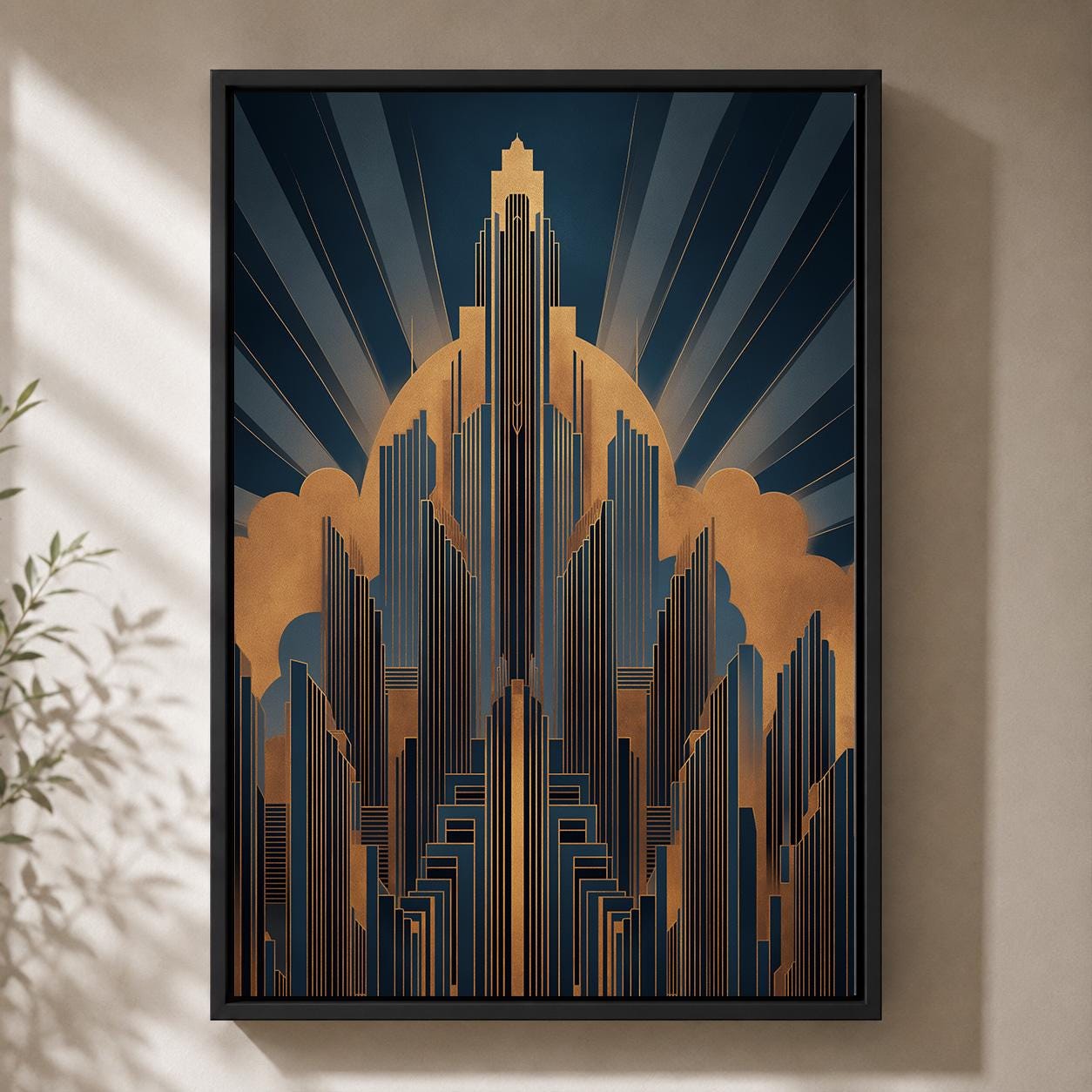 Art Deco Cityscape Gold Navy Geometric Architecture Framed Canvas by The Wall Art Studio - physical