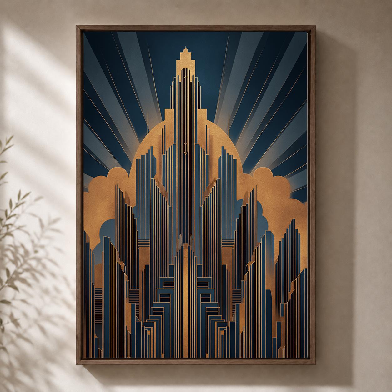 Art Deco Cityscape Gold Navy Geometric Architecture Framed Canvas by The Wall Art Studio - physical