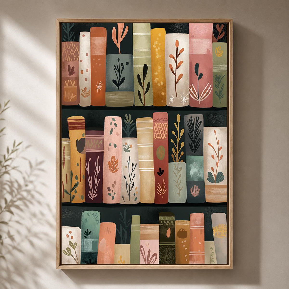 Floral Bookshelf Colorful Botanical Library Framed Canvas by The Wall Art Studio - physical