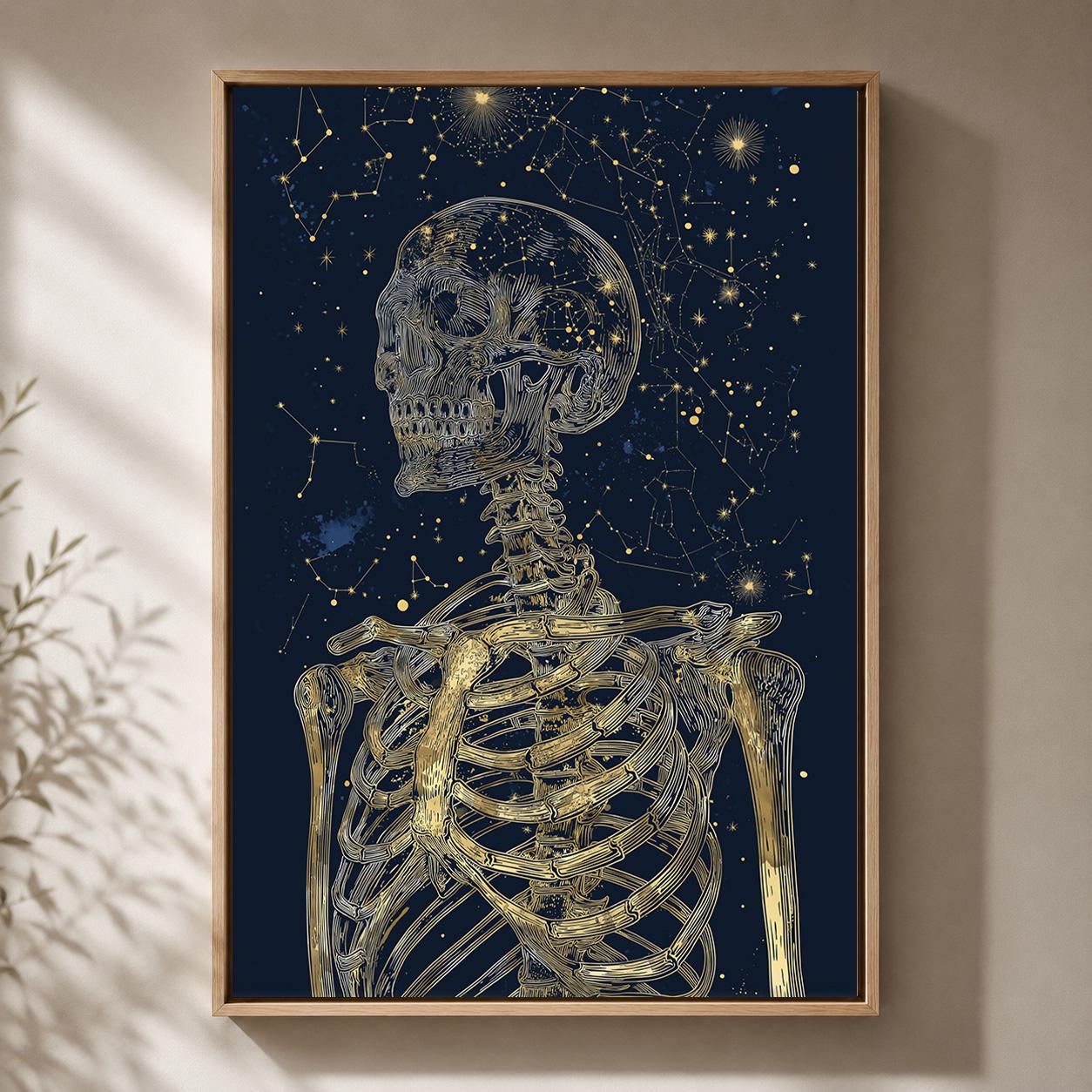 Celestial Skeleton Gothic Skull Gold and Navy Astrology Framed Canvas by The Wall Art Studio - physical