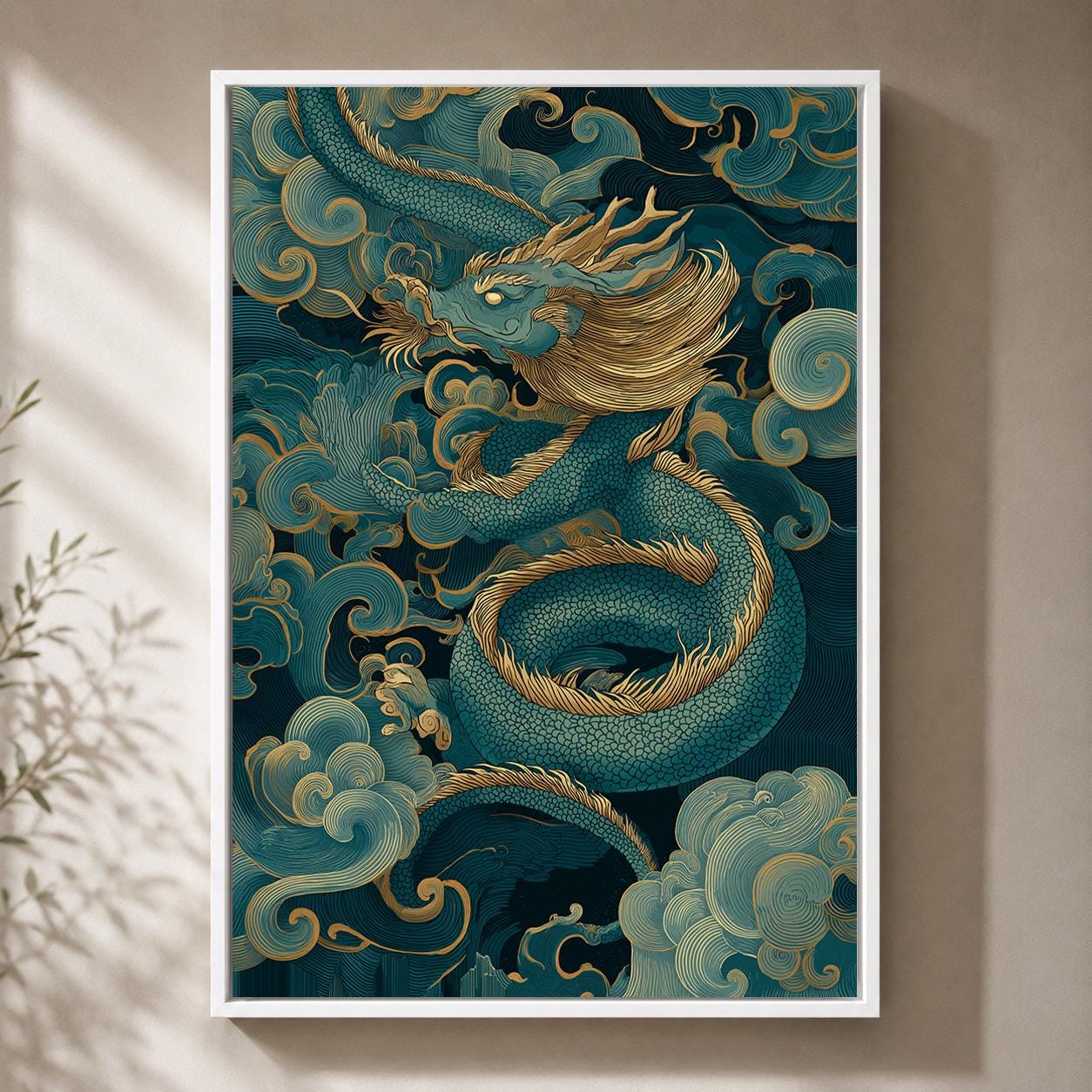Japanese Dragon Blue & Gold Oriental Mythology Asian Framed Canvas by The Wall Art Studio - physical