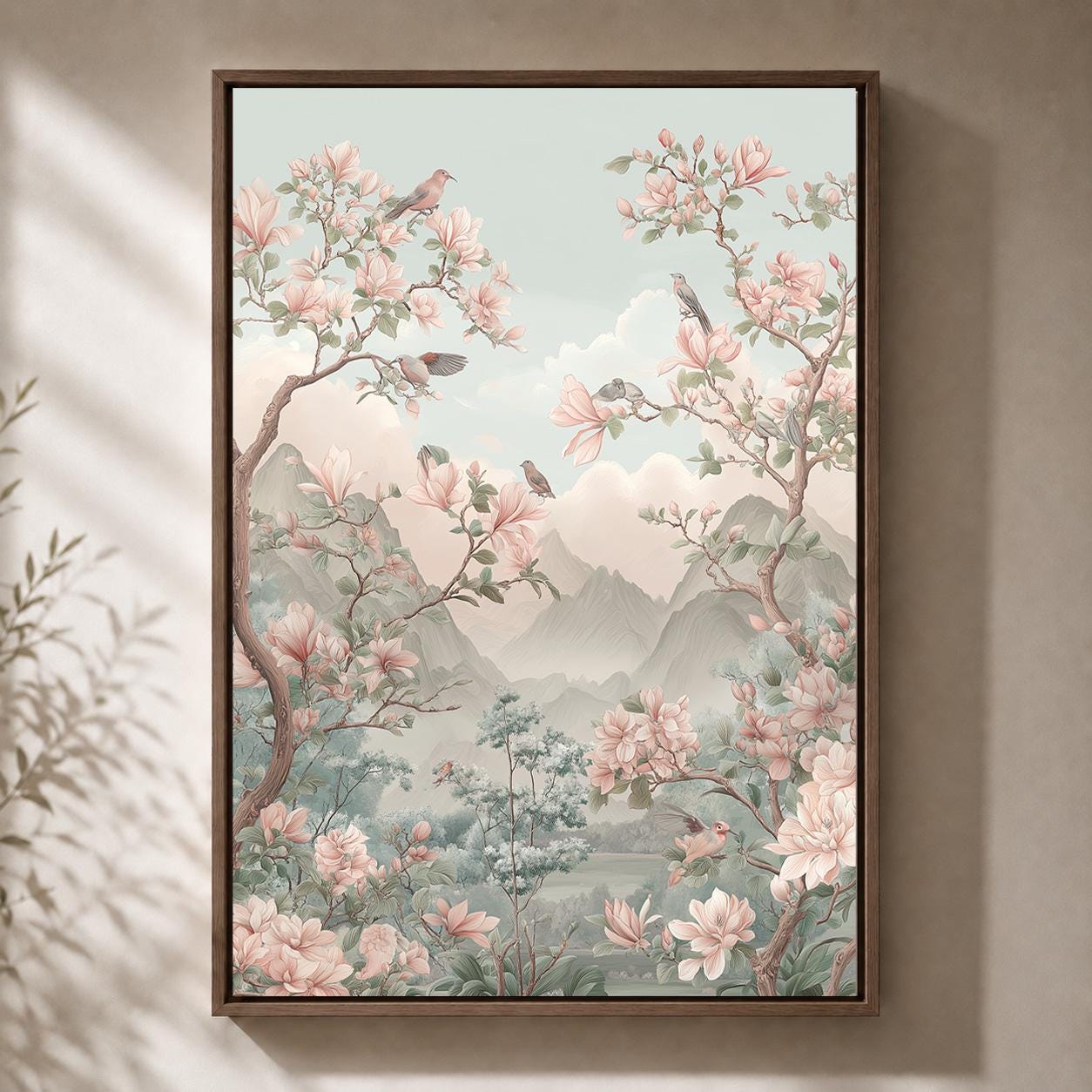 Chinoiserie Pink Magnolia Bird Pastel Mountain Asian Inspired Framed Canvas by The Wall Art Studio - physical