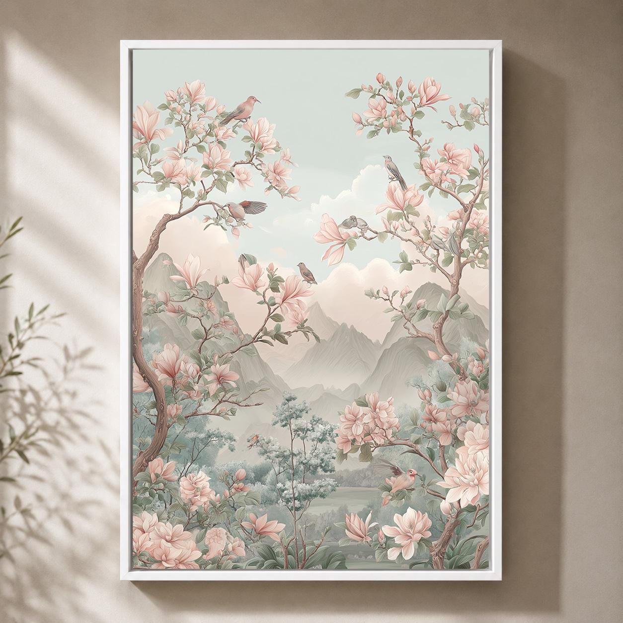 Chinoiserie Pink Magnolia Bird Pastel Mountain Asian Inspired Framed Canvas by The Wall Art Studio - physical