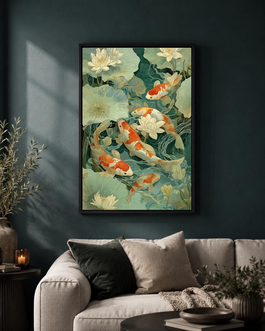 Koi Fish Lotus Pond Japanese Botanical Framed Canvas by The Wall Art Studio - physical