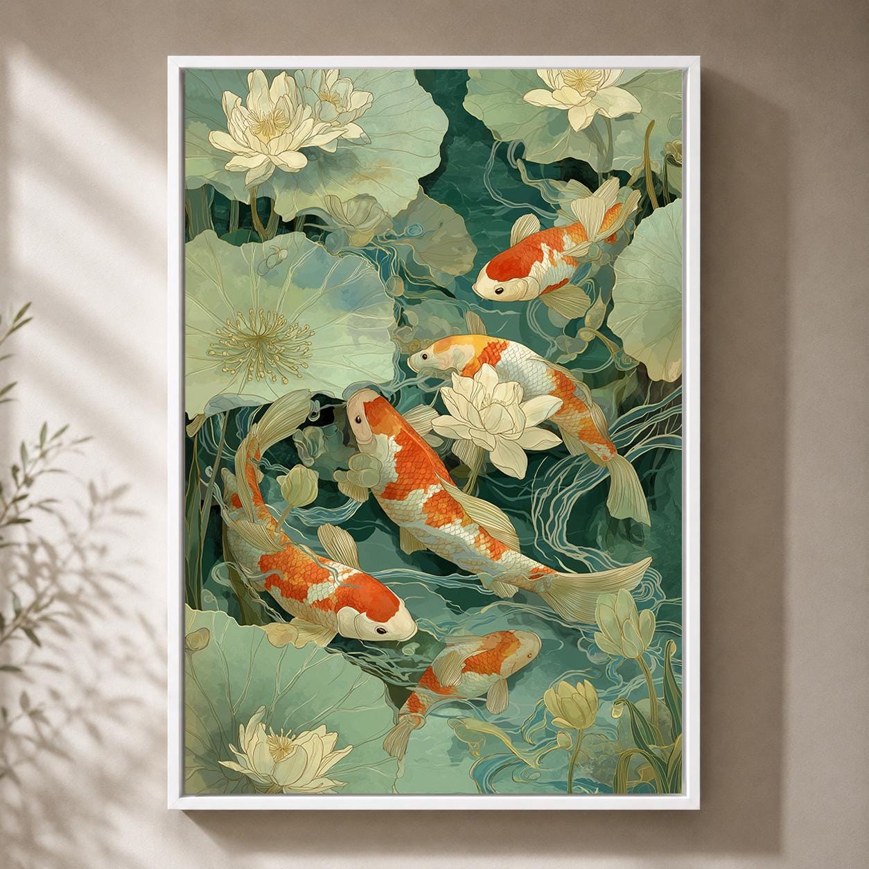 Koi Fish Lotus Pond Japanese Botanical Framed Canvas by The Wall Art Studio - physical