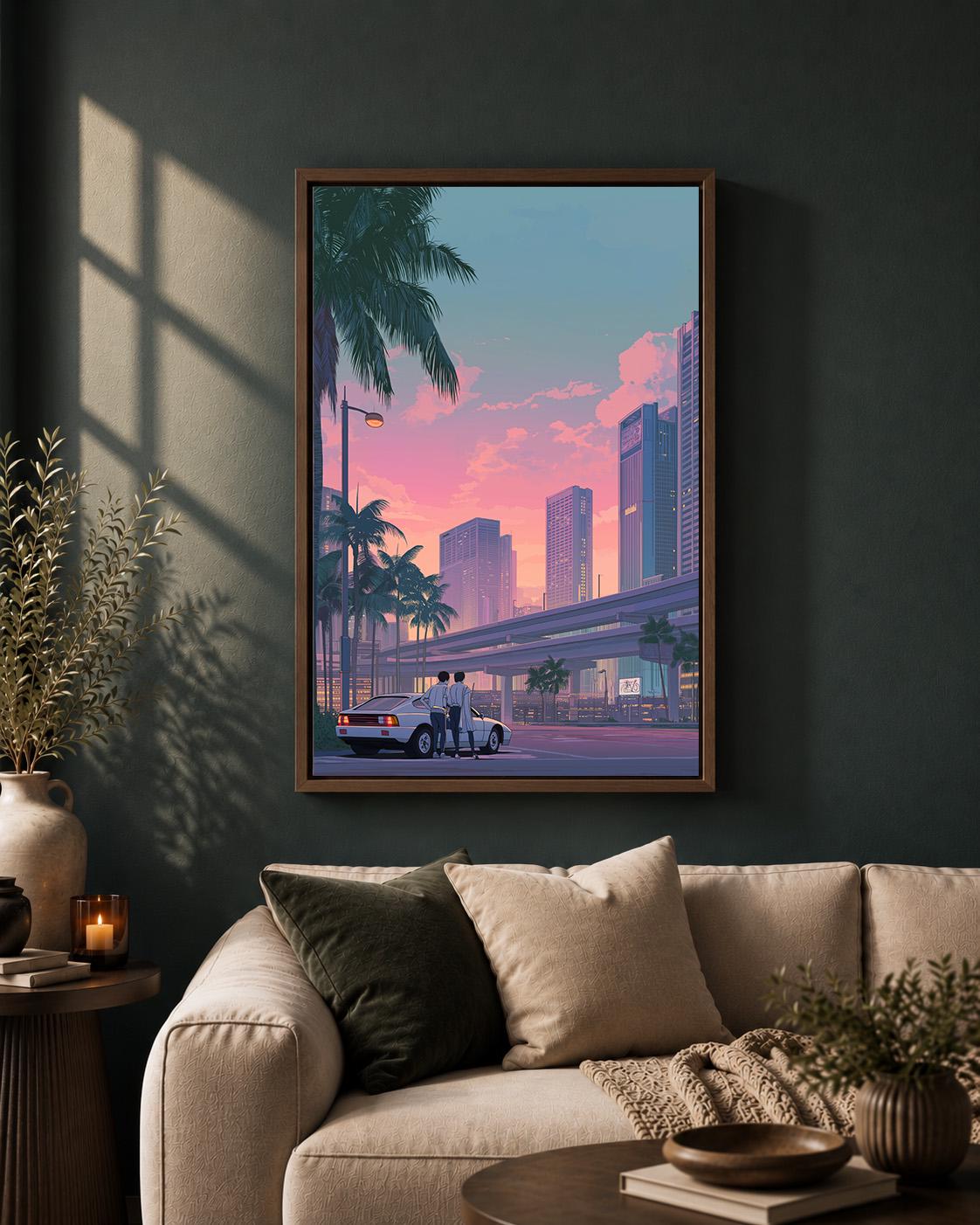 Retro Japanese City Pink Sunset Skyline 80s Vaporwave Framed Canvas by The Wall Art Studio - physical