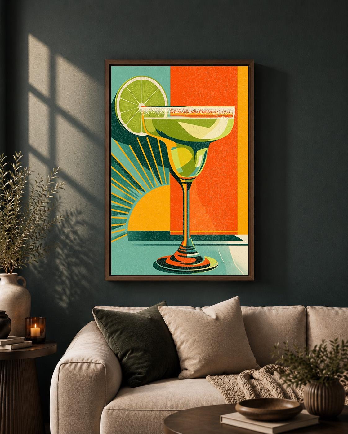Retro Margarita Cocktail Mid Century Modern Bar Framed Canvas by The Wall Art Studio - physical