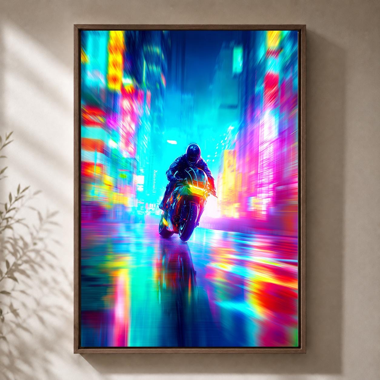 Cyberpunk Motorcycle Neon City Futuristic Motorbike Vaporwave Framed Canvas by The Wall Art Studio - physical