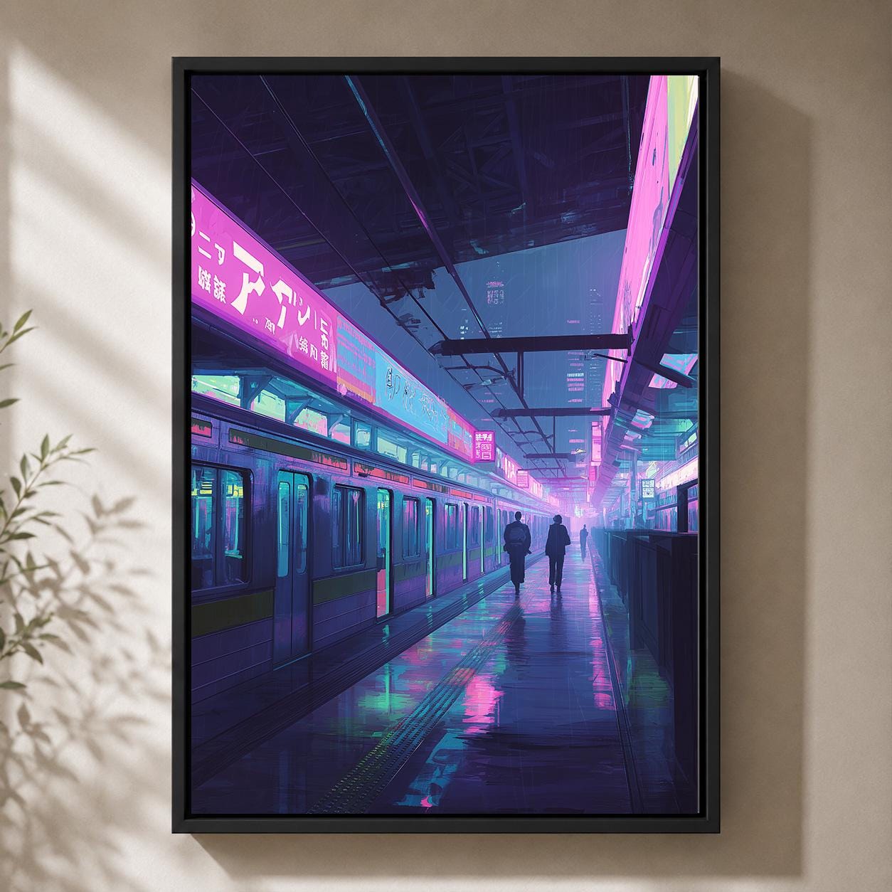 Cyberpunk Train Station Neon Japanese City Vaporwave Urban Framed Canvas by The Wall Art Studio - physical