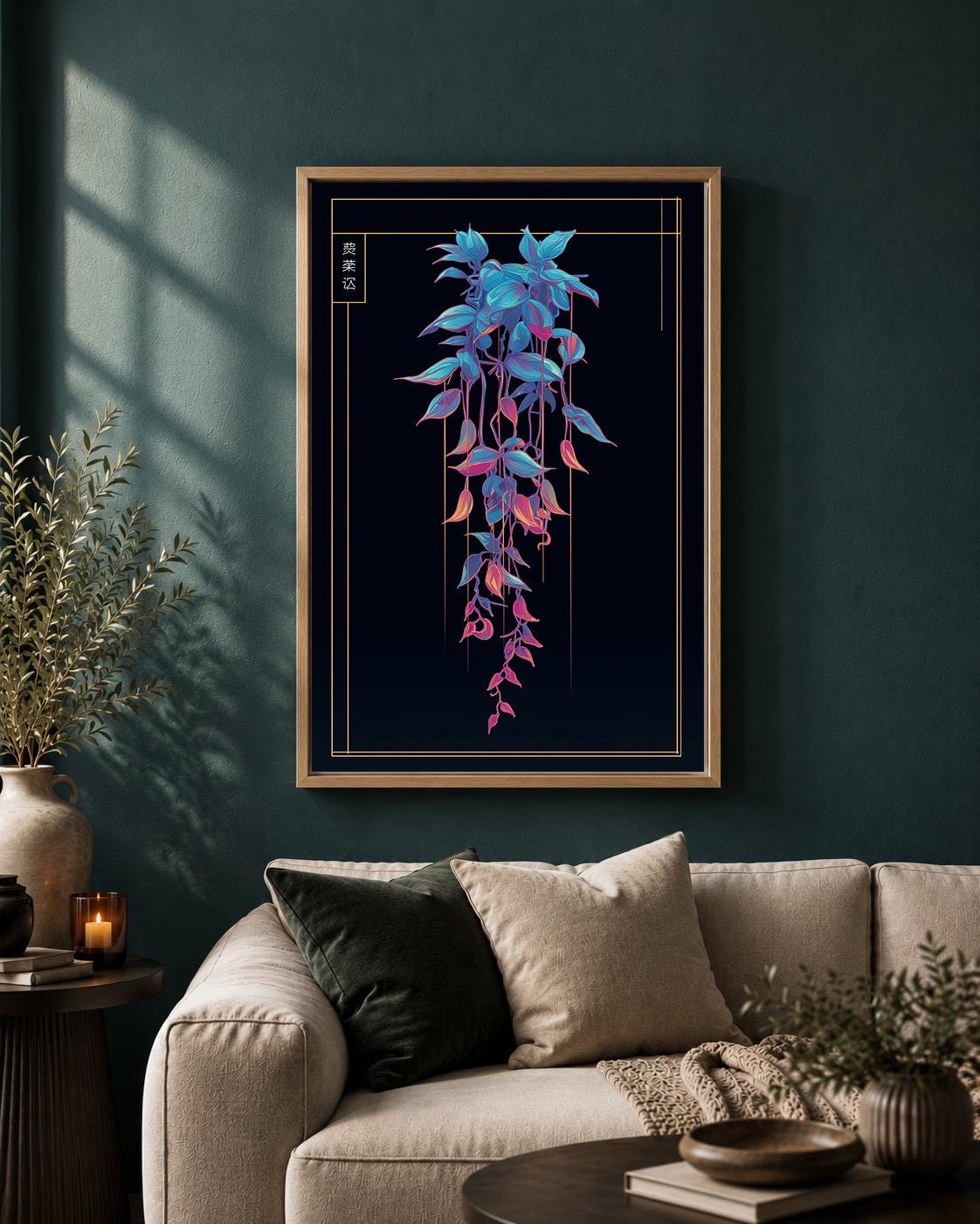 Cyberpunk Botanical Neon Hanging Plant Futuristic Vaporwave Framed Canvas by The Wall Art Studio - physical