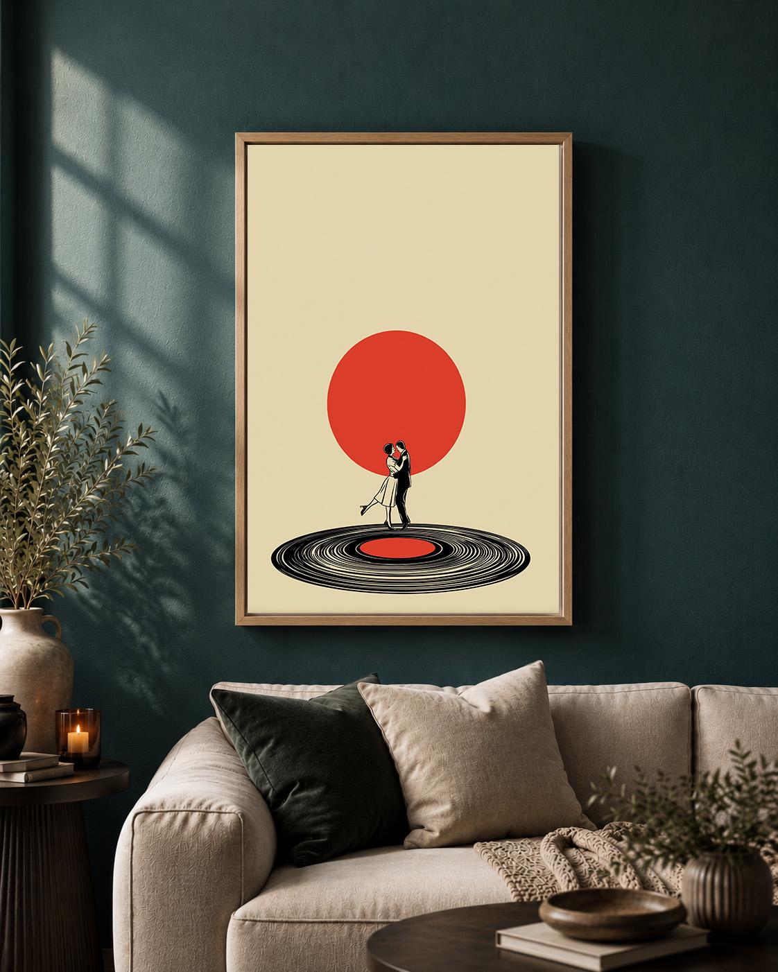 Retro Couple Vinyl Record Dance Mid Century Romantic Framed Canvas by The Wall Art Studio - physical